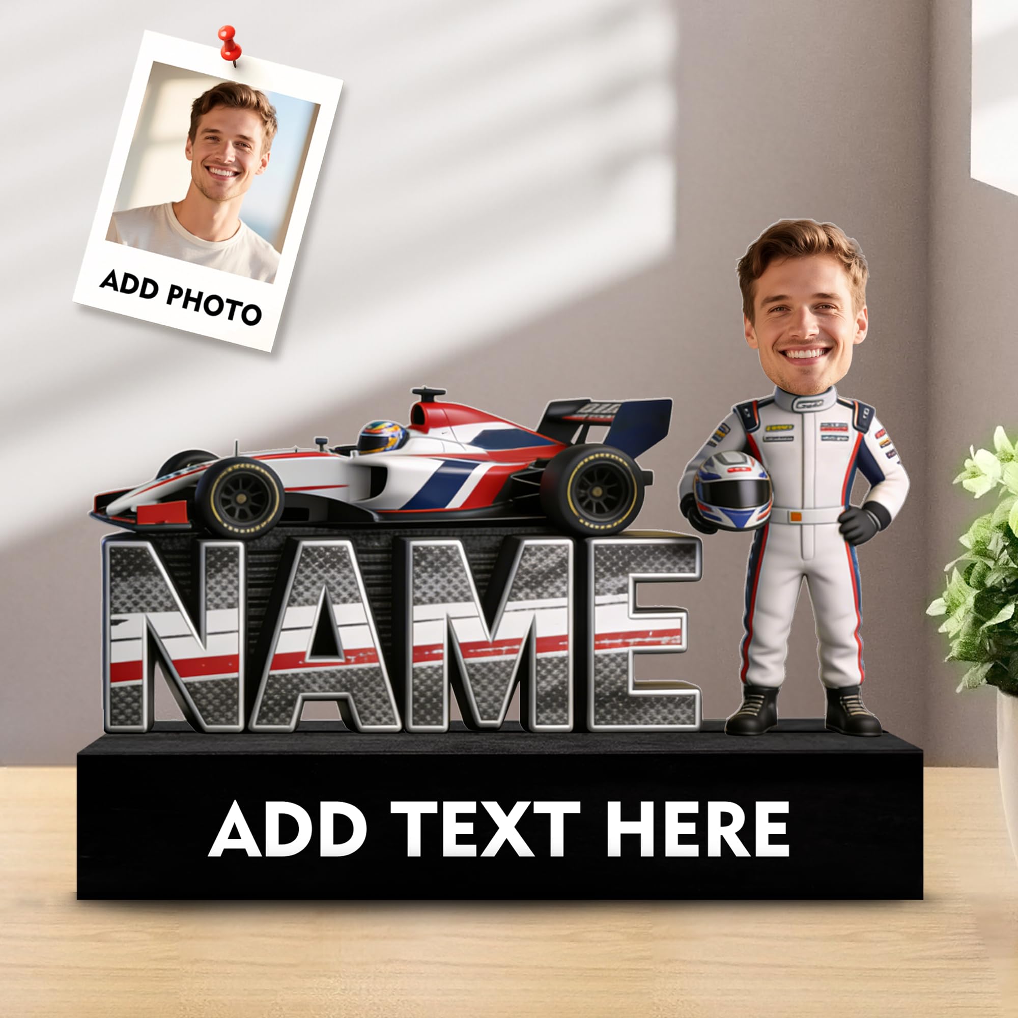 Personalized Racing Driver Figurine Acrylic Desk Ornament, Custom Photo Figures Cartoon Style Name Plate for Desk Desktop Decor Plaque Home Decor Gift’s for Motorsport Enthusiasts Racing Fans Birthday