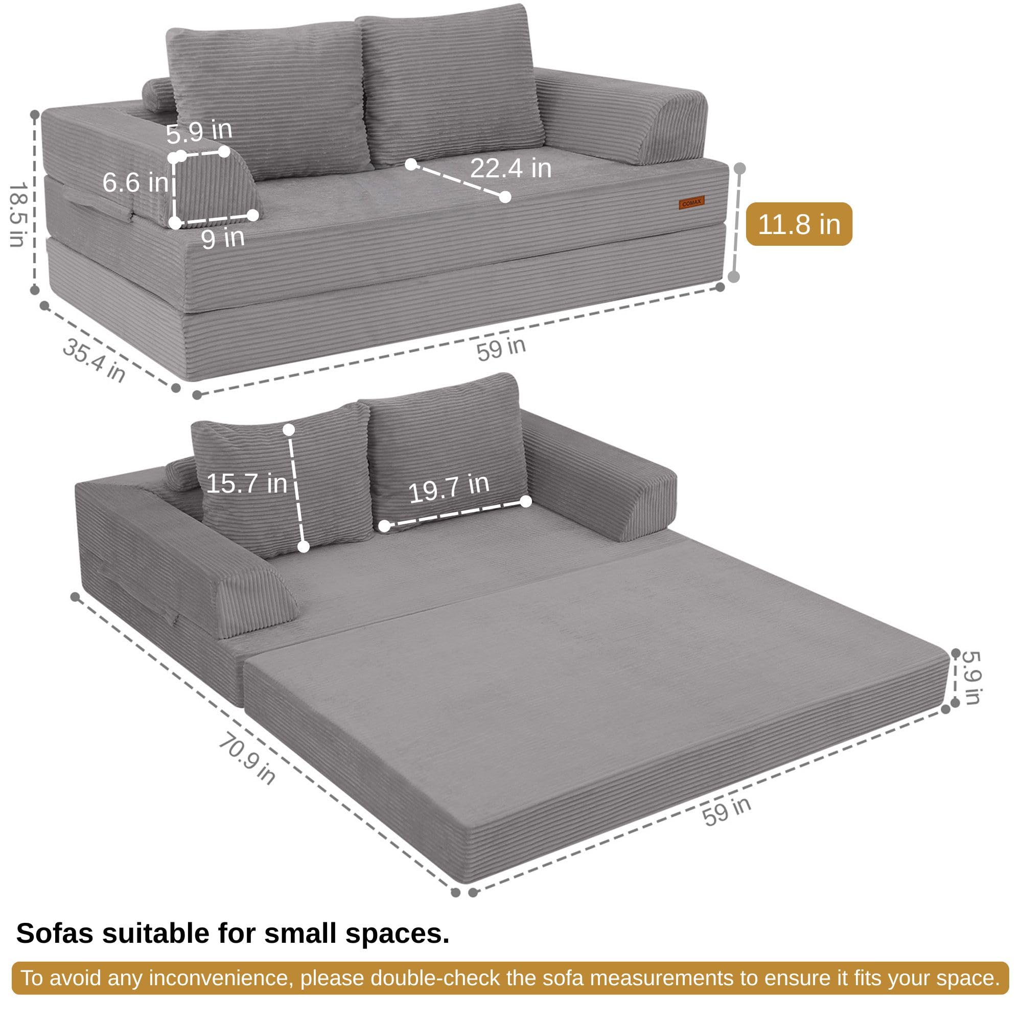 COMAX Futon Sofa Bed, Convertible Sofa Bed, Folding Boneless Couches | Low-Profile Boneless Couch for Living Room, 11.8" H Low Seat Small 59" Foldable Floor Sleeper Mattress Lounge Space‑Saving