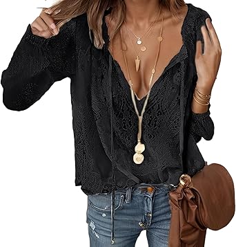 Pinclodly Lace Tops for Women Long Sleeve Tie Front Tops V Neck Floral Lace Crochet Blouse Shirts Hollow Out Western Shirts