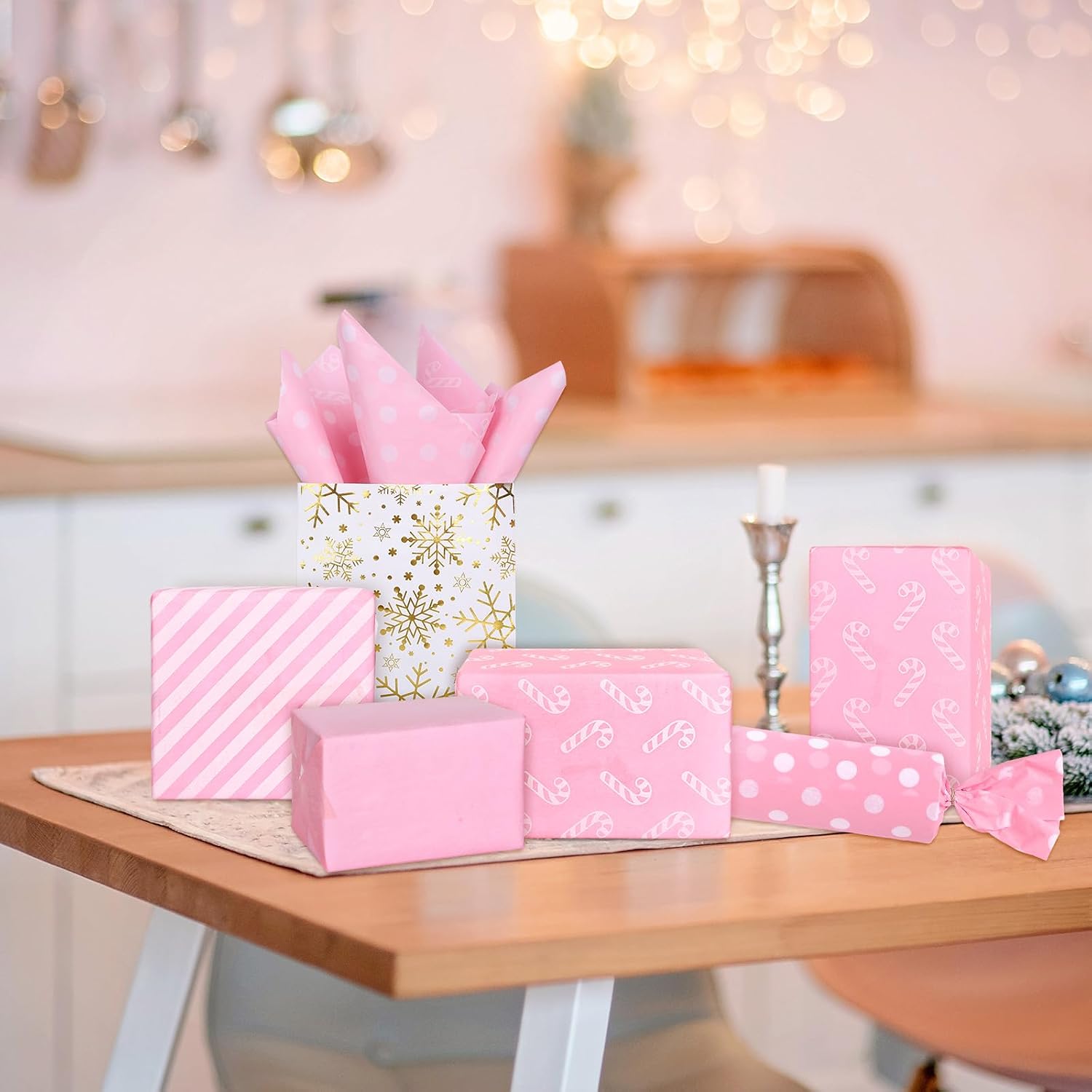 JarThenaAMCS 90 Sheets Christmas Tissue Paper Pink Gingerbread Man Candy Cane Gift Wrapping Paper Xmas DIY Art Craft Tissue for Winter Birthday Holiday Baby Shower Party Decor, 13.7 x 19.6 Inch