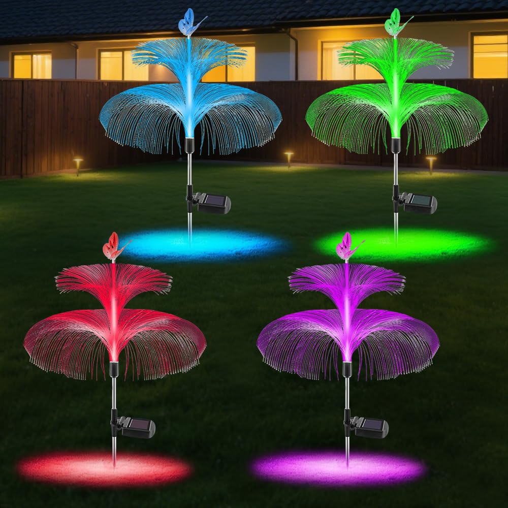 Nzkeuf Solar Lights Outdoor Garden Ornaments, 4 Pack 7 Colour Changing Solar Jellyfish Lights, Waterproof Garden Stake Light for Yard Pathway Lawn Party Decorations