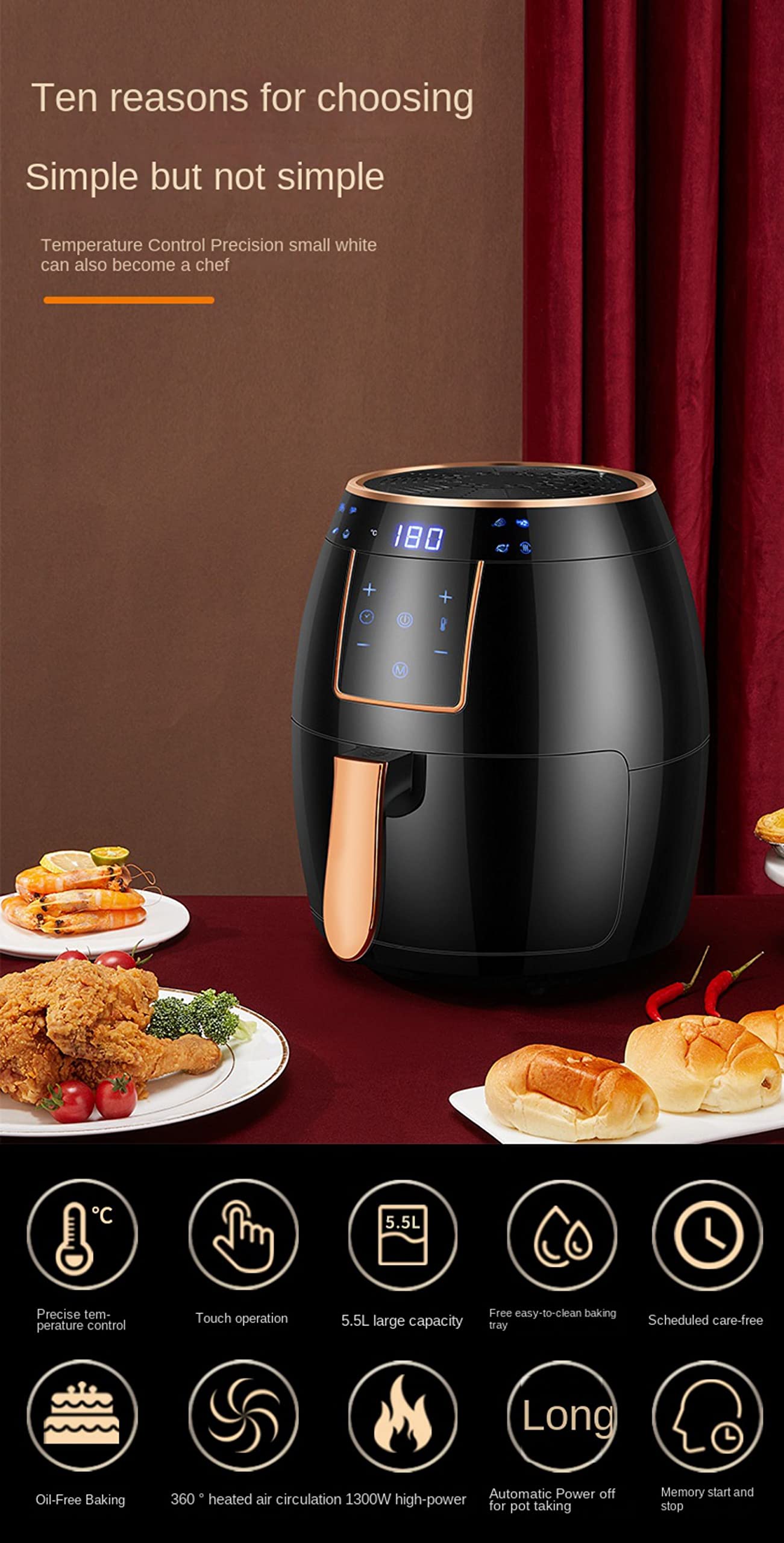Frytownice powietrzne 5,5 l 1300 W Zegary Szybka cyrkulacja powietrza Maks. 200 ℃ Kompaktowe frytkownice Piekarnik Nieprzywierająca z ustawieniem Frytkownica bezolejowa Niski poziom hałasu (A)