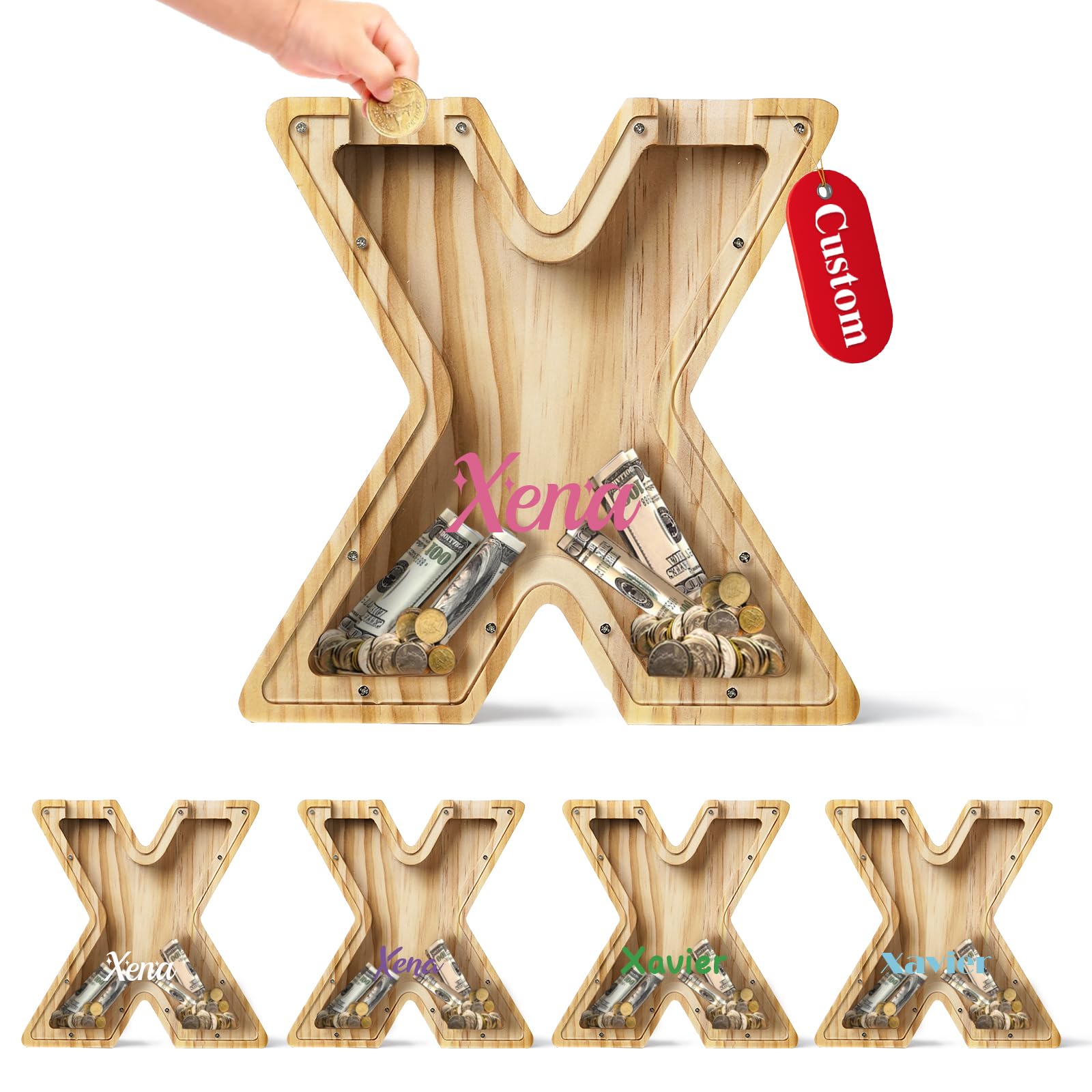 Bemaystar Personalised Letter-Money-Box for Kids，Wooden Initial Letters Piggy-Bank，Money Box for Boys Girls, Personalised Gifts for Kids(X)