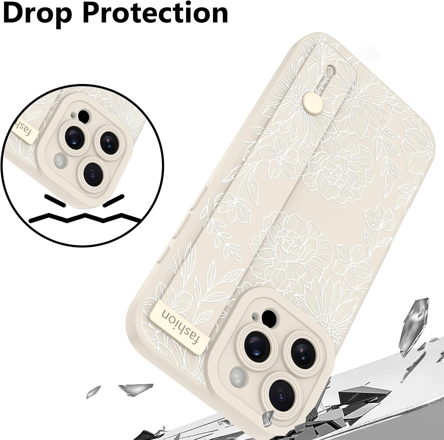 for iPhone 16 Pro Max 6.9’’ 2024 Phone case, Cute Line Peony Rose Floral Pattern Case, with Built in Adjustable Metal Wristband Grip Bracket, Soft TPU Bumper for Women Girls Case (White)