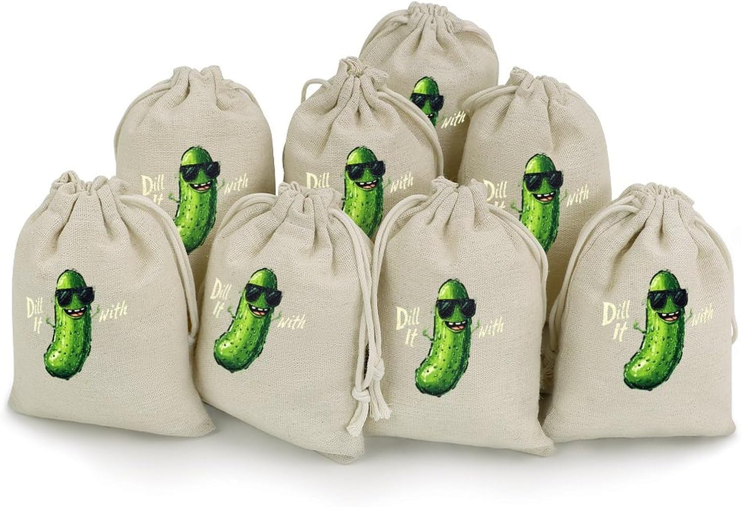 Dill with It Funny Pickle Party Favor Bags 8 Pack Small Drawstring Bags Cotton Linen Organizer Pouch