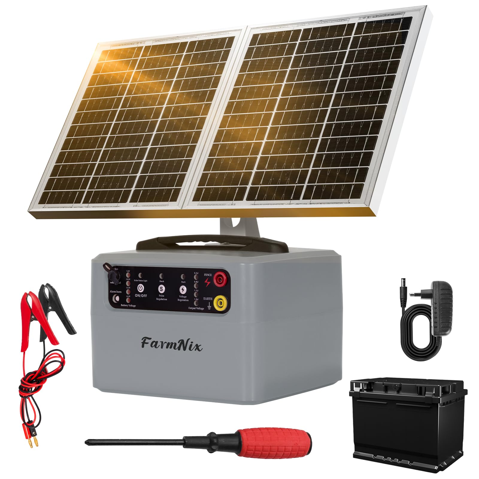 48KM Solar Pastor Electrico, 0.3- 1.5J 6-12KV Ajustable pastor electrico Cerca eléctrica Controlador para Granja de animales, Electrificador de cercados para Ganado, Aves, Granja