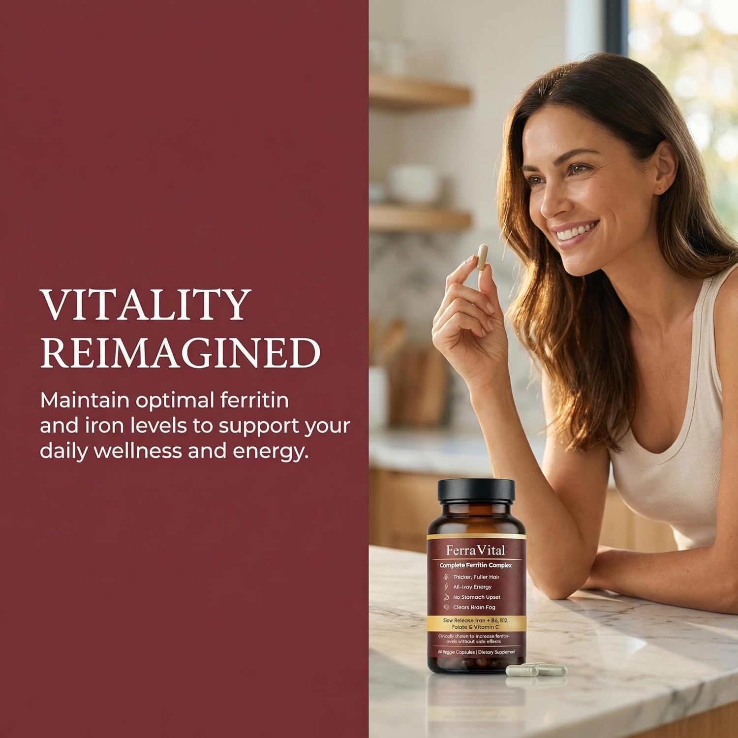 Ferravital Ferritin Support, Ferritin Supplement for Women, Daily Iron Supplement with Iron Bisglycinate Lactoferrin Vitamin C B12, Gluten Free & Non-GMO, 60 Capsules (A)