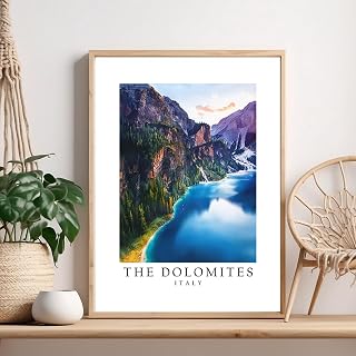 VUVUKU Dolomites mountain range travel poster art print for wall decor featuring an alpine lake and rugged peaks in Italy, ideal landscape wall art for living room or bedroom