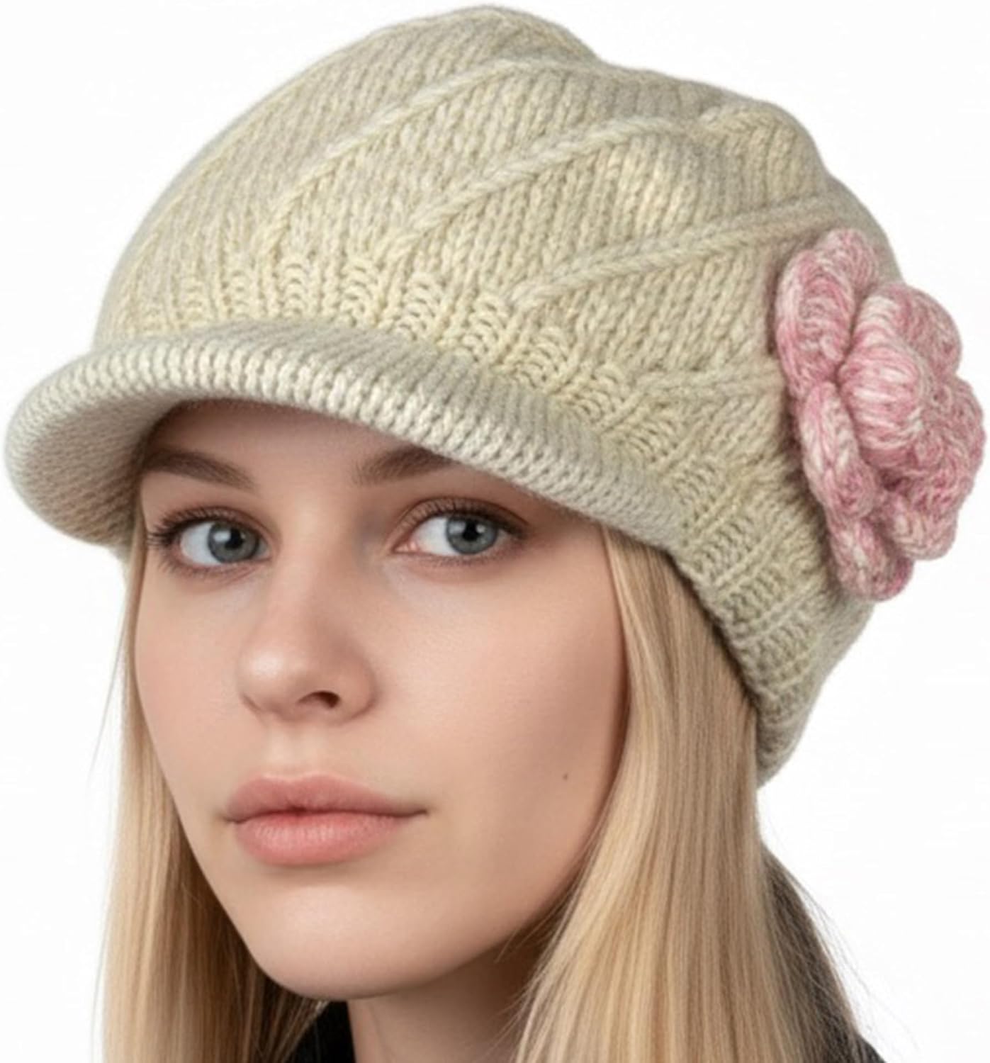 Agan Traders 2026 Winter Visor Beret Knit Hats Mittens Snow Flakes Women Fleece Lined Insulated Cozy Peaked Cold Winter Cap
