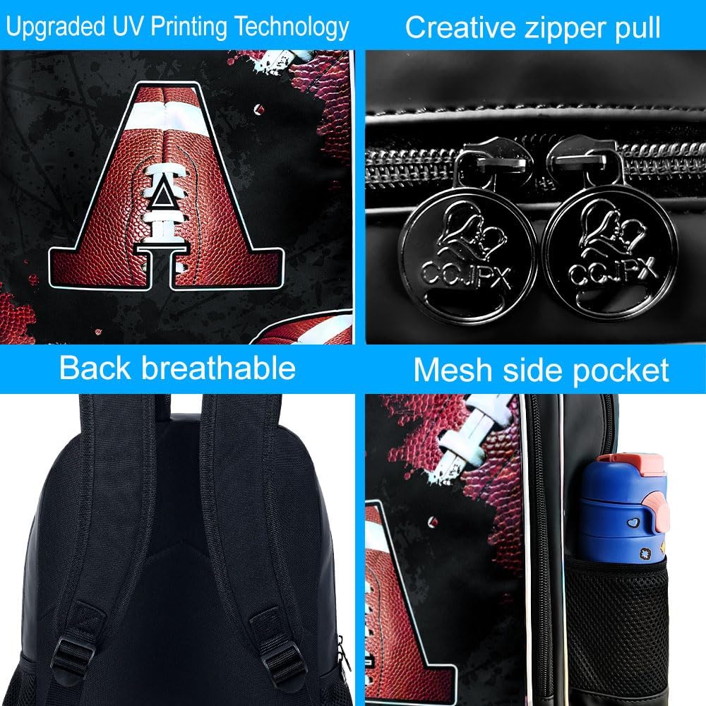 AGSDON 3PCS Rugby Backpack for Boys, 17" Kids Bookbag Water Resistant and Lightweight with Lunch Box for Teen