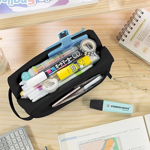 Vista 21 de Estuche para lápices de gran capacidad, 3 compartimentos, estuche portátil con cremallera, bolsa estética para lápices, escuela, oficina, escuela