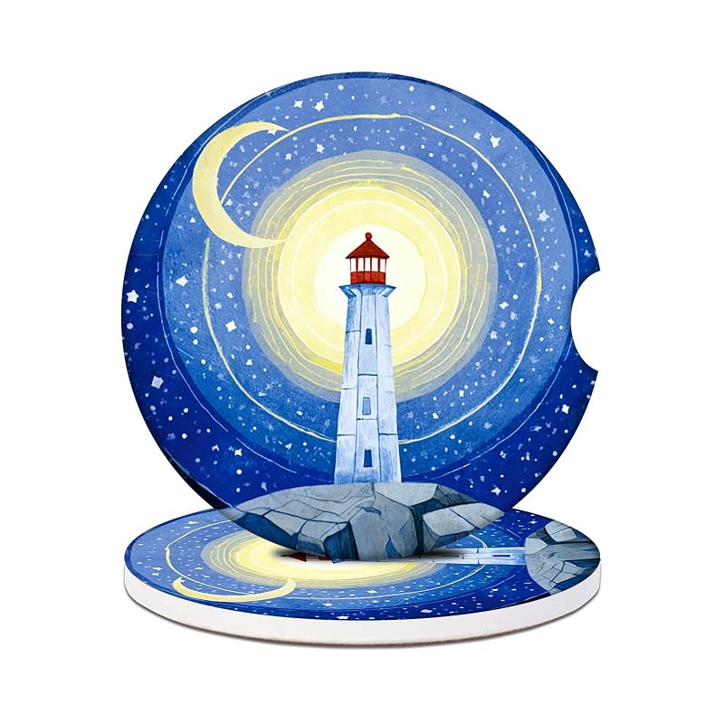 Porta-Copos para Carro PUIBUN Blue Lighthouse Moon em Cerâmica Absorvente com Base de Cortiça, 2 Unidades