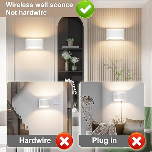 Miniatura 7 de Aipsun Juego de dos apliques de pared LED que funcionan con pilas, lámparas de pared blancas recargables por USB, luz de pared inalámbrica regulable