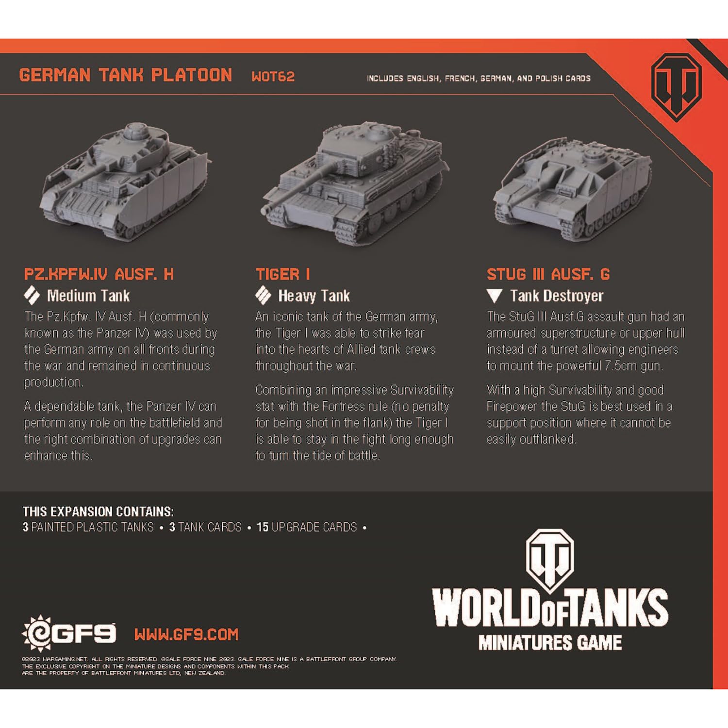 World of Tanks: expansión de pelotón de tanques alemanes - Panzer IV H, Tiger I, StuG III G - Juego de miniaturas WOT, guerra y militares, figuras de RPG, mesa, WOT62