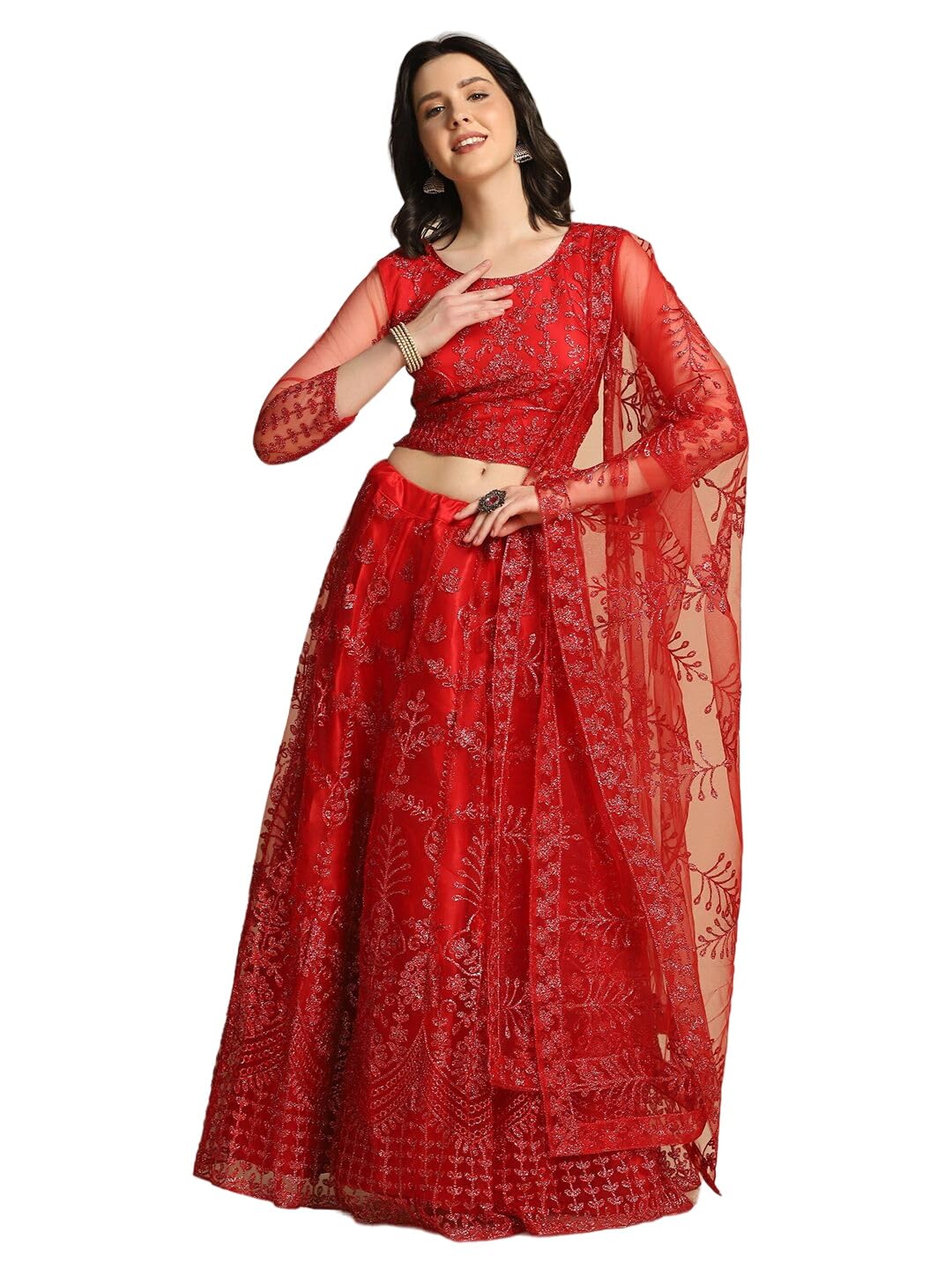 Red Embroidered Thread Work Semi-Stitched Lehenga & Unstitched Blouse With Dupatta
