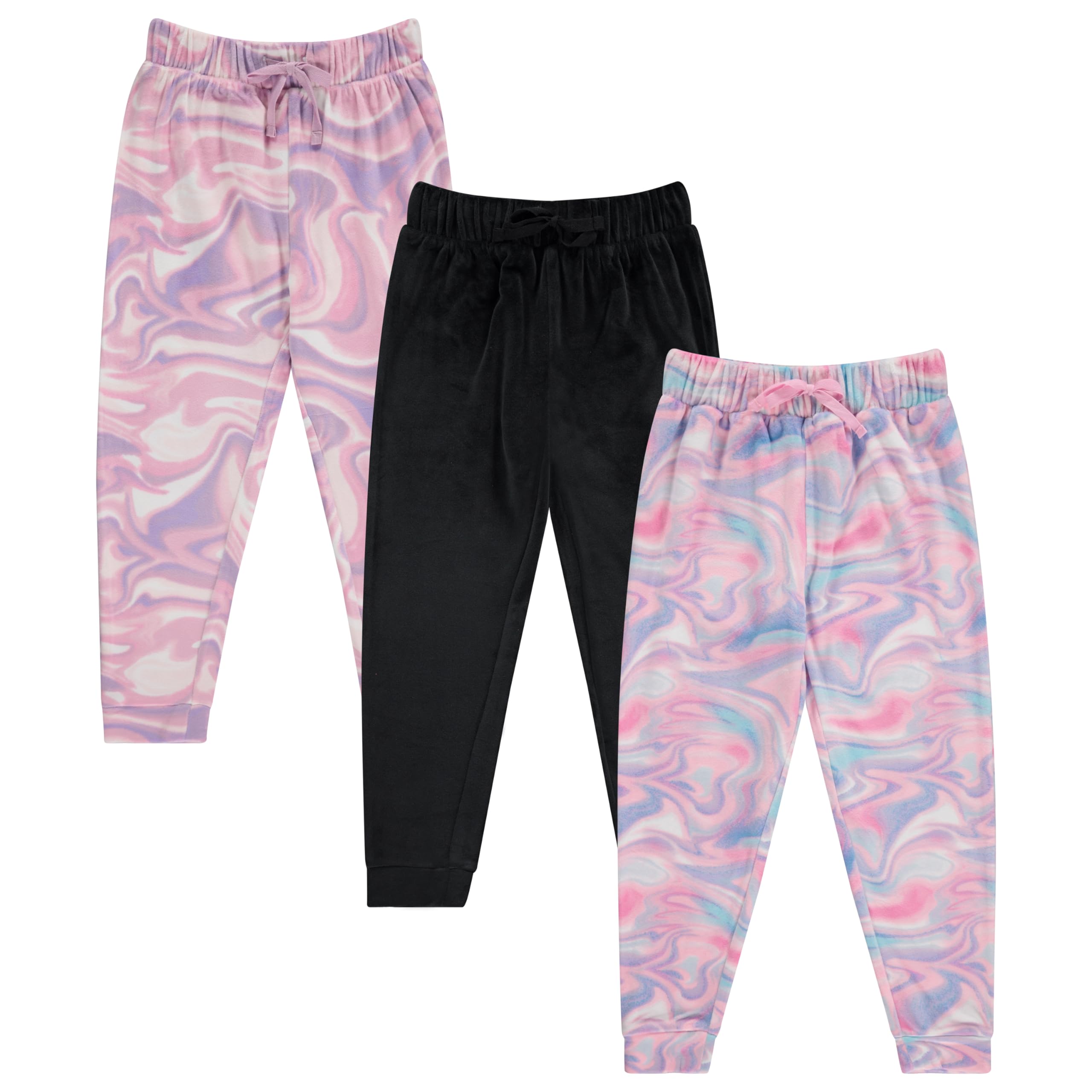 BTween Girls 3 Pack Velour Jogger Pant Set Solid, Tie Dye or Camo Sweatpants for Girls