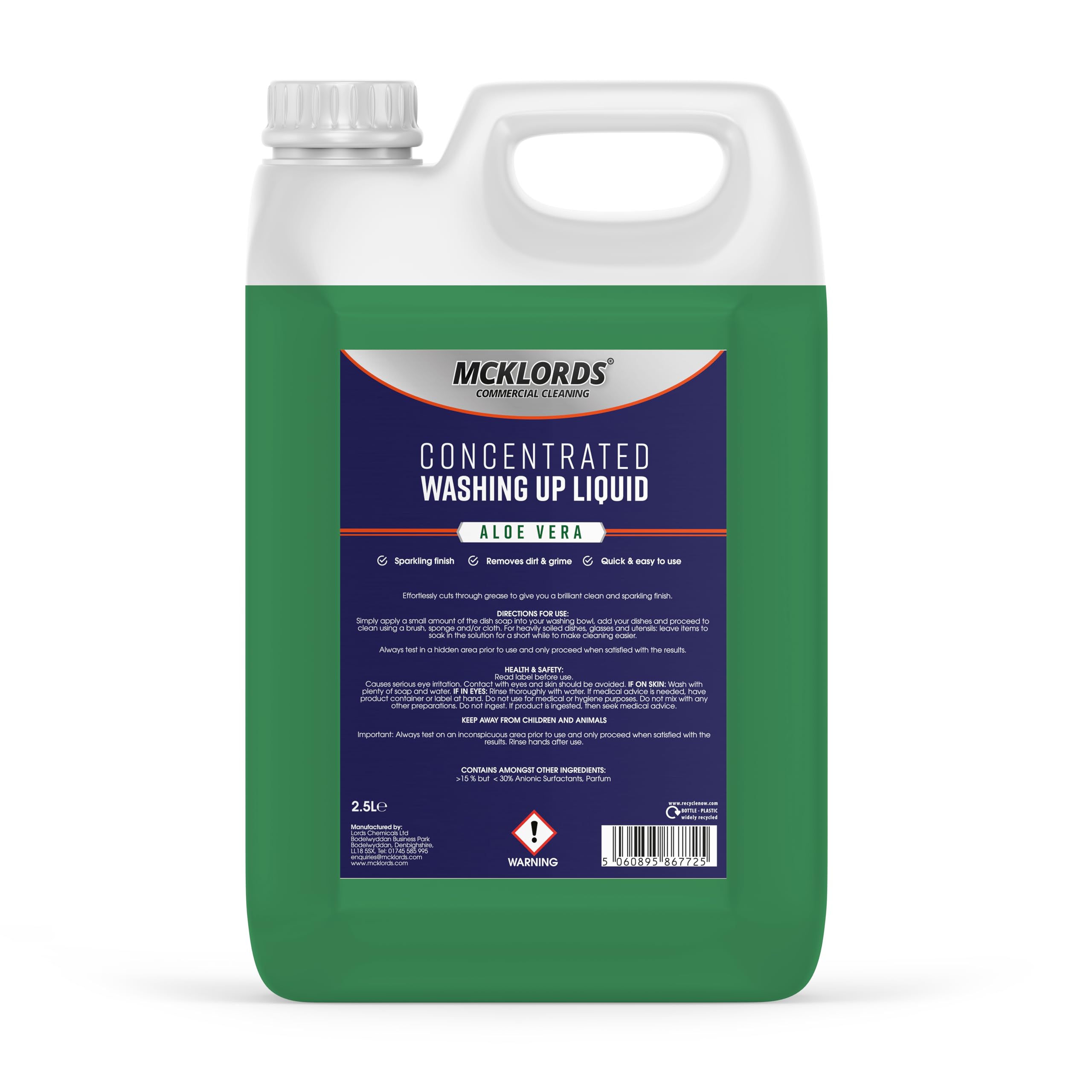 McKLords Commercial - Original Aloe Vera Washing Up Liquid - High Strength Dishwashing Liquid for Commercial Kitchens & Catering Use - Long-Lasting Foam Cuts Through Grease - 2.5L