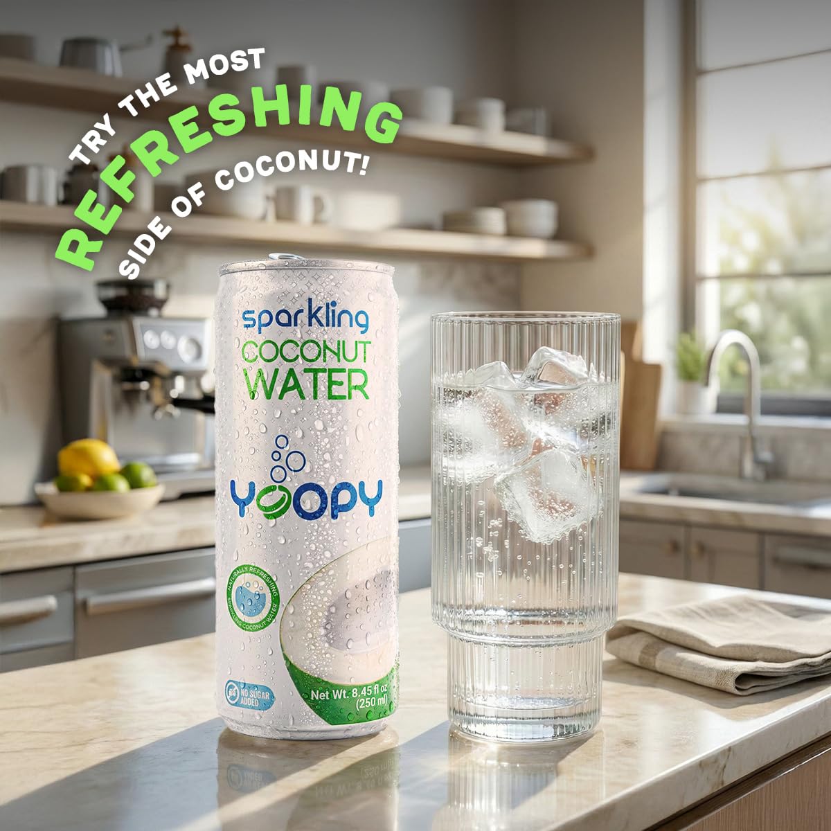 Yoopy Sparkling Coconut Water – Lightly Carbonated Tropical Drink, No Sugar Added Healthy Soda Alternative, Refreshing Non Alcoholic Beverage - 12 pack (8.45 fl oz cans)