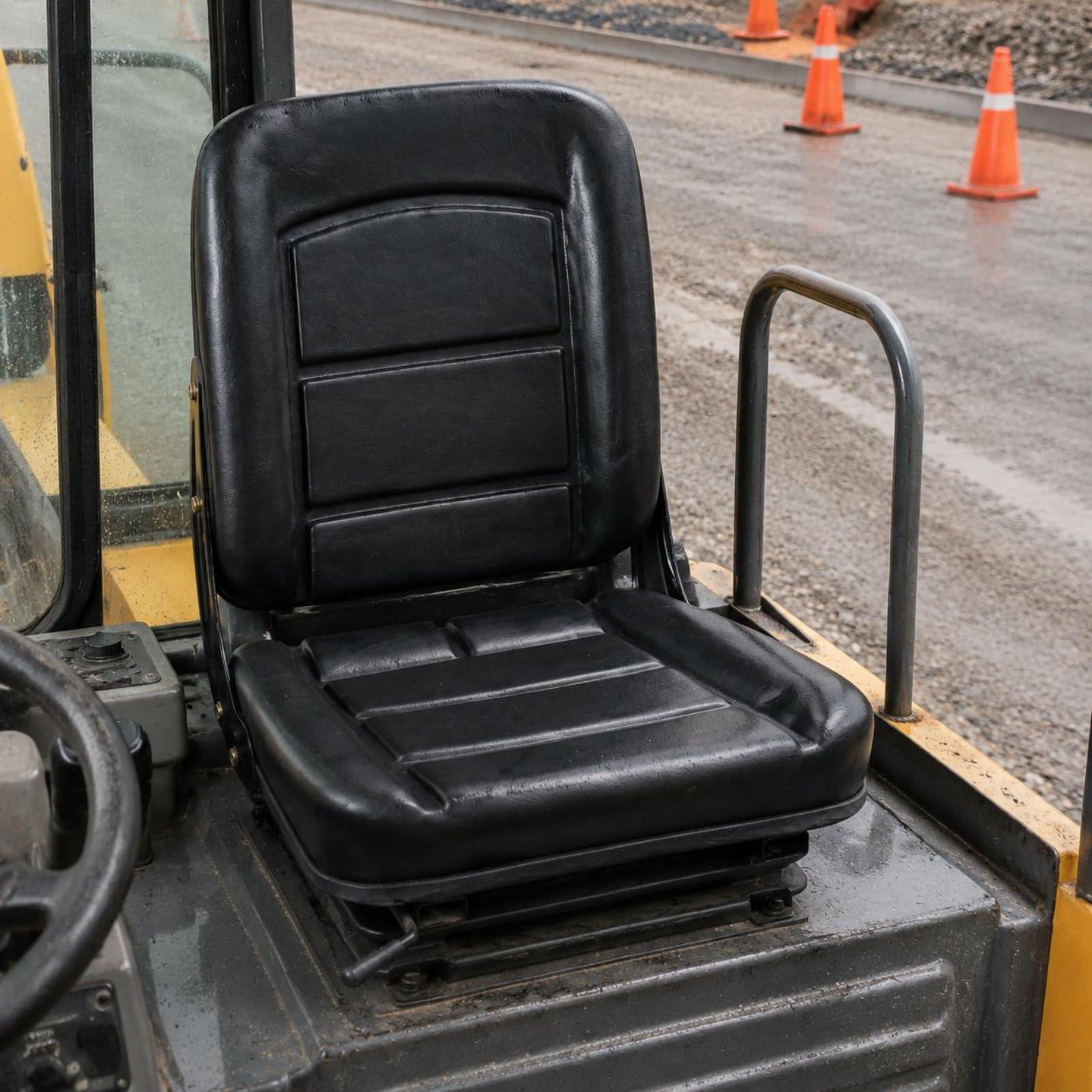 Asiento Vehículo Carga Elevadora Cuero PU Silla Ergonómico Universal Compartimiento l Operador para Almacén, Placa De Conexión De Asiento Pequeño Negro 26-28