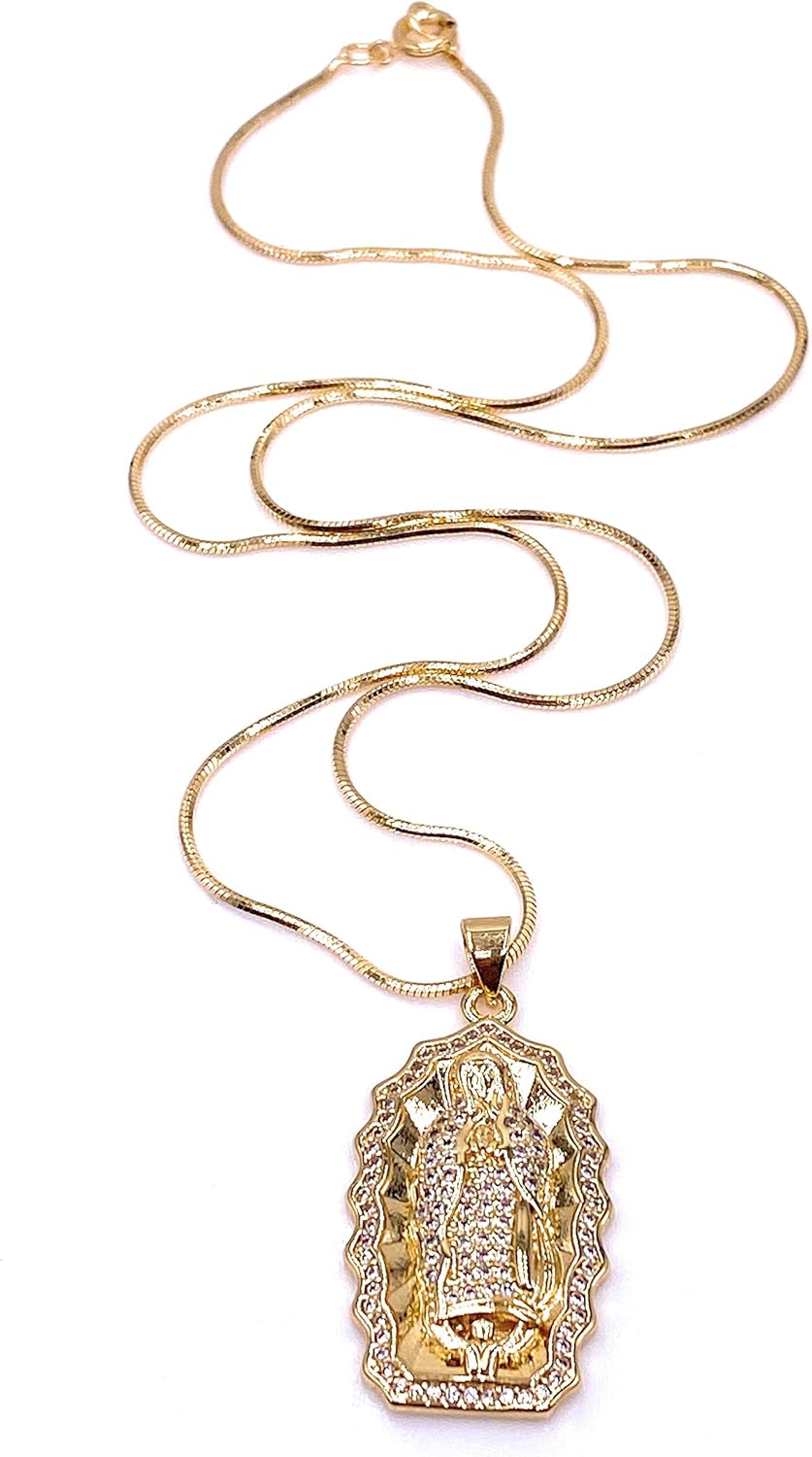 LESLIE BOULES Guadalupe 18K Gold Plated Pendant Necklace for Women Snake Chain Religious Jewelry
