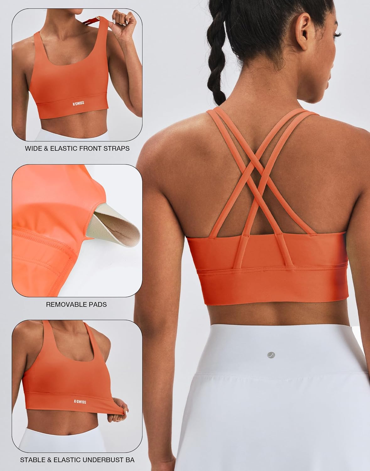 K-Swiss Sports Bras for Women - Padded Strappy Bras with Criss Cross Back Medium Support for Running Workout Yoga Gym - Image 5