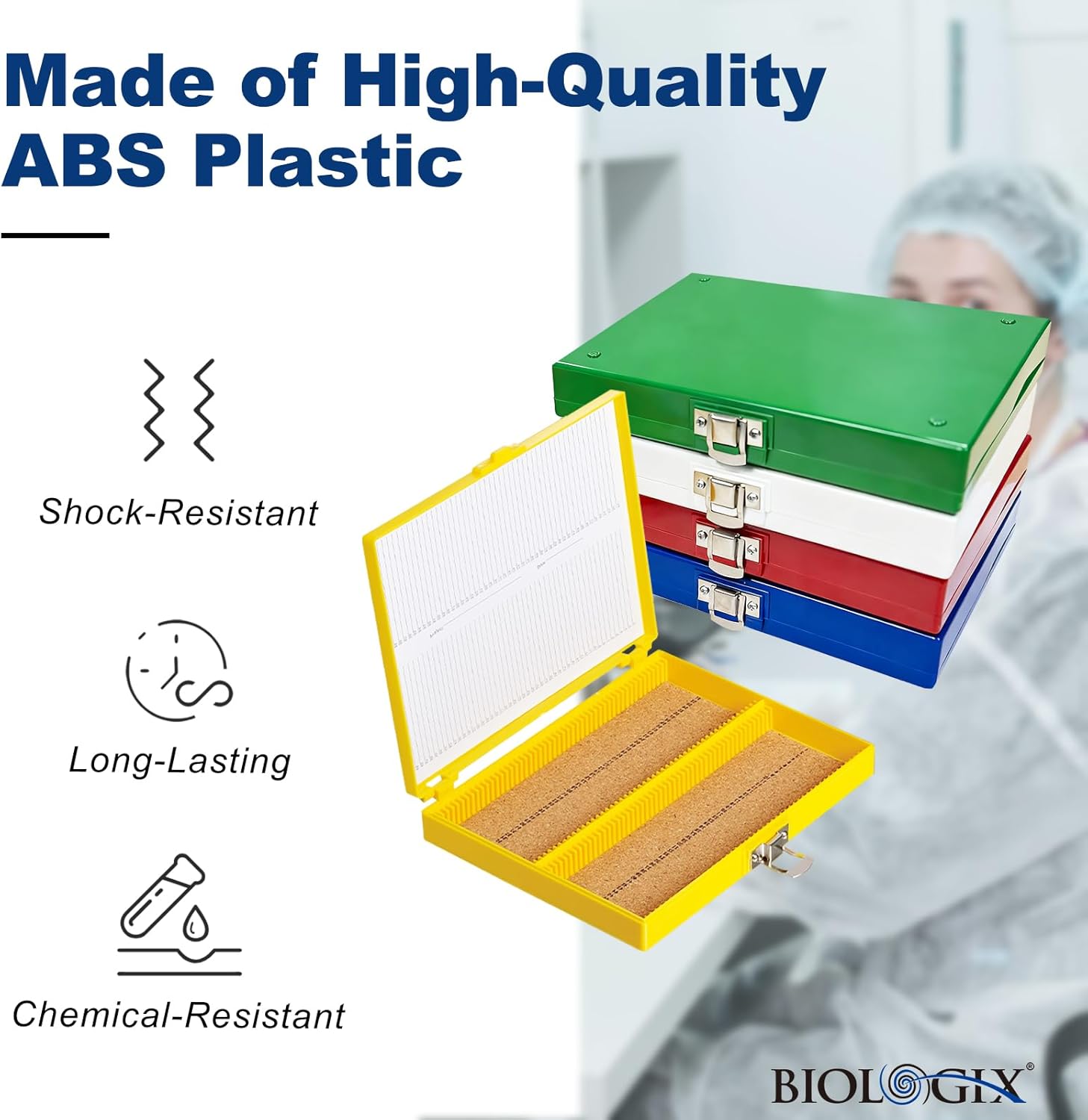 5PCS Microscope Slide Storage Box, 100-Place Plastic Microscope Slide Holder with Cork Lining, for 25mm × 75mm Microslides, Assorted Colors, Pack of 5 - Image 2