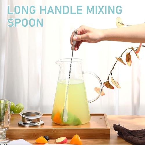 Miniatura 7 de 2 jarras de vidrio con tapa y boquilla, jarra de agua de vidrio con asa para jugo de té, leche, bebidas frías o calientes, con cuchara de mezcla de