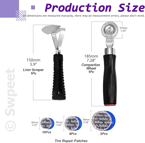 Miniatura 2 de Swpeet 25 piezas de 1.260 in, 1.654 in, 2.283 in, herramienta de reparación de parches de neumáticos y rueda de rodillo con raspador de