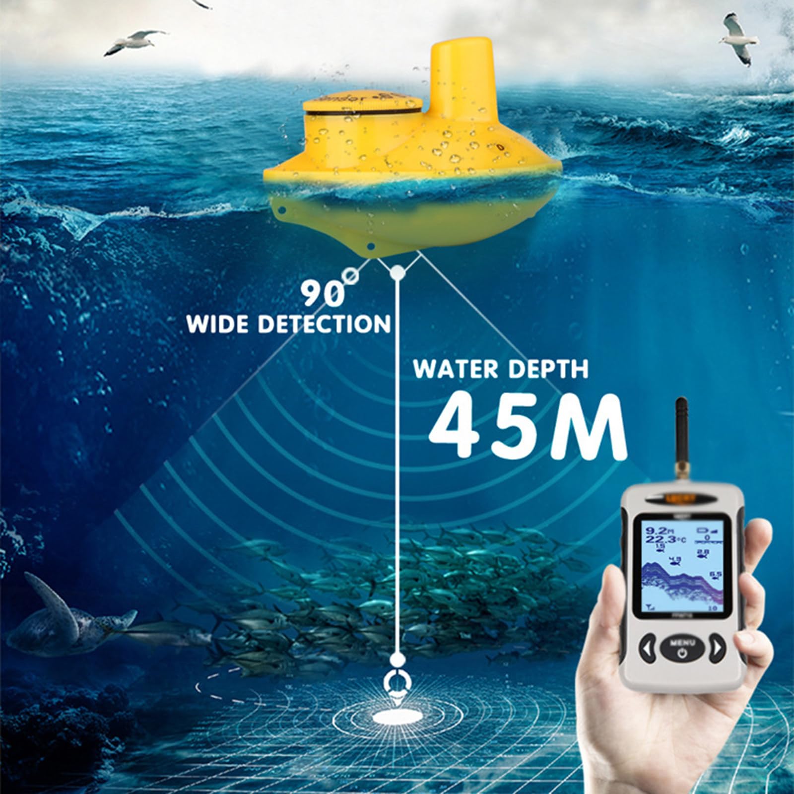 Sonarowa echosonda, Wizualna bezprzewodowa echosonda Ryba, Głębokość Sonarowa echosonda Bezprzewodowe menu Przenośna echosonda 45M/135Ft