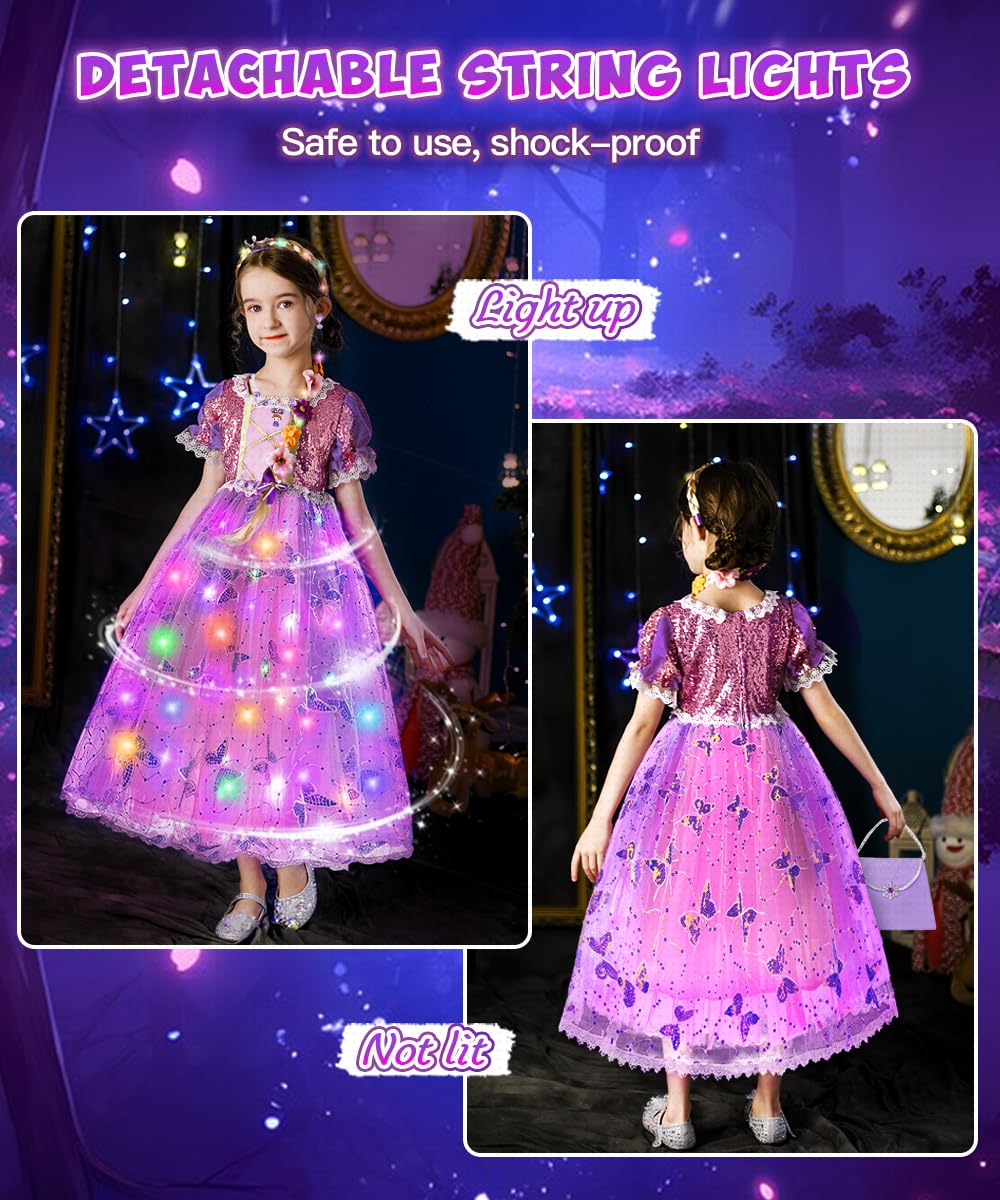Vestito Principessa, LED Costume Principessa Bambina con Set Corona Principessas Luminoso, Vestiti Costume Carnevale, Vestito da Principessa per Cosplay