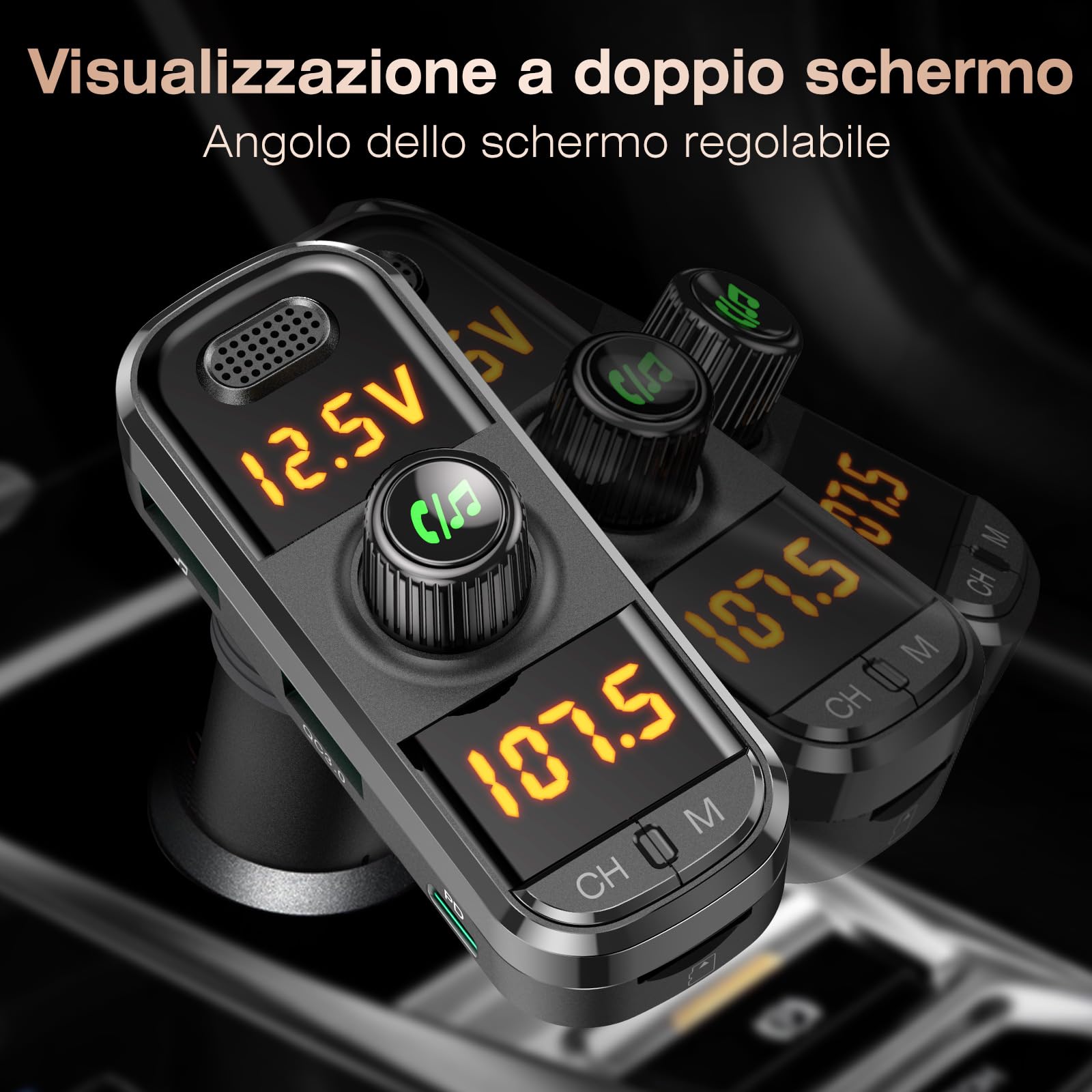 GizmoVine Trasmettitore FM Bluetooth per Auto, Adattatore Radio Musicale MP3 con QC3.0 e PD Carica Rapida, Doppio Display Digitale, Chiamata Vivavoce, Supporto U-Disk, Scheda SD, Interfaccia Aux