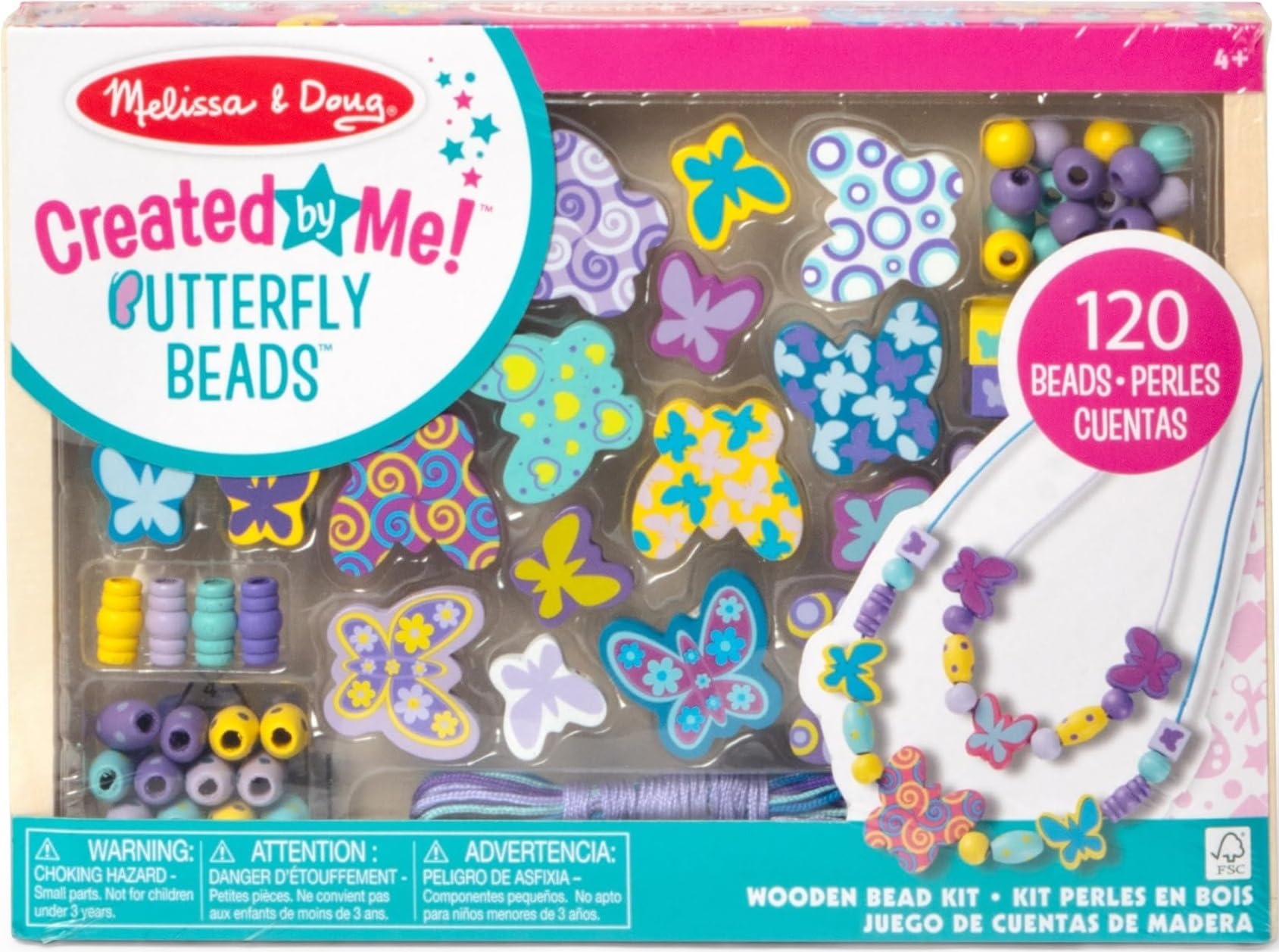 Melissa & Doug - Holzperlen-Set Schmetterlinge, 120 Perlen, Für das Designen von Armbändern und Schmuck, Für Kinder ab 4 Jahren