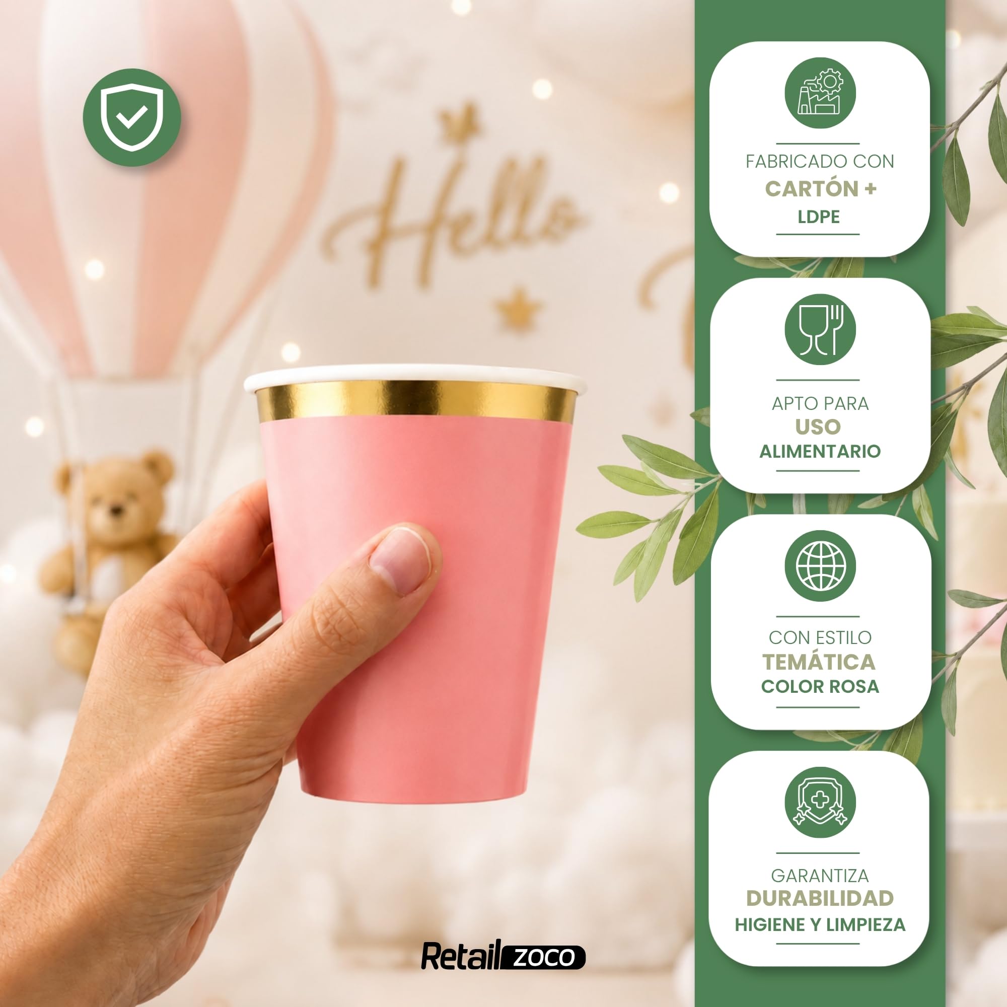 Vasos de cumpleaños, Vasos Desechables cartón, Diseño Rosa, 12 Unidades - imagen 3