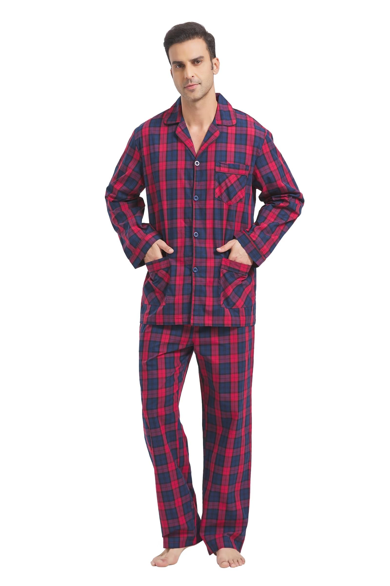 Pigiama da uomo in cotone set da 2 Pice Plaid Comfy pigiameria PJS con tasche