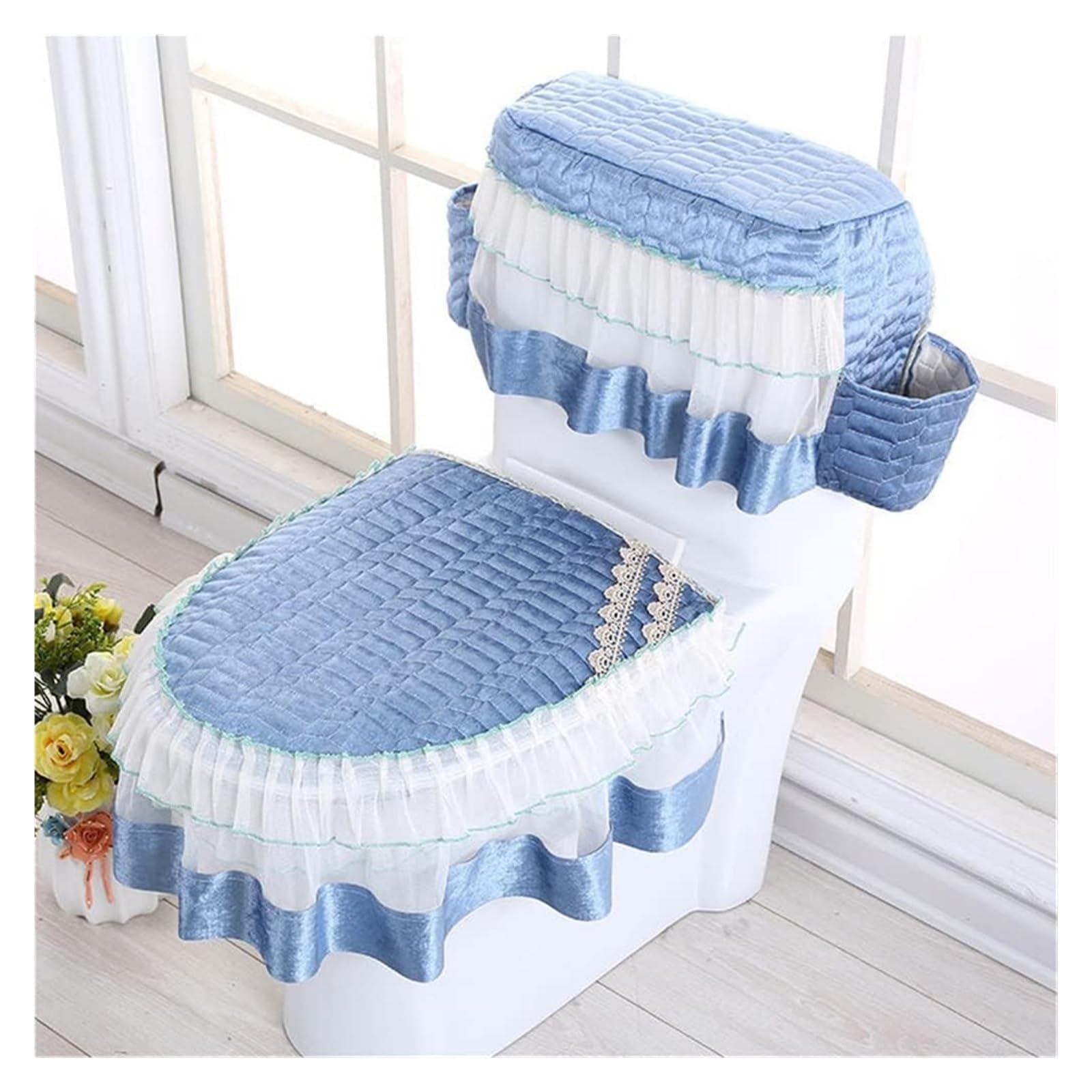 Kfgisd Light Blue Cushionhome Decor Set Cover With Pocket Fabric Lace Bathroom Mat Winter Warm Cover Bathroom Decoration ，Toilet Seat Covers(Light Blue)
