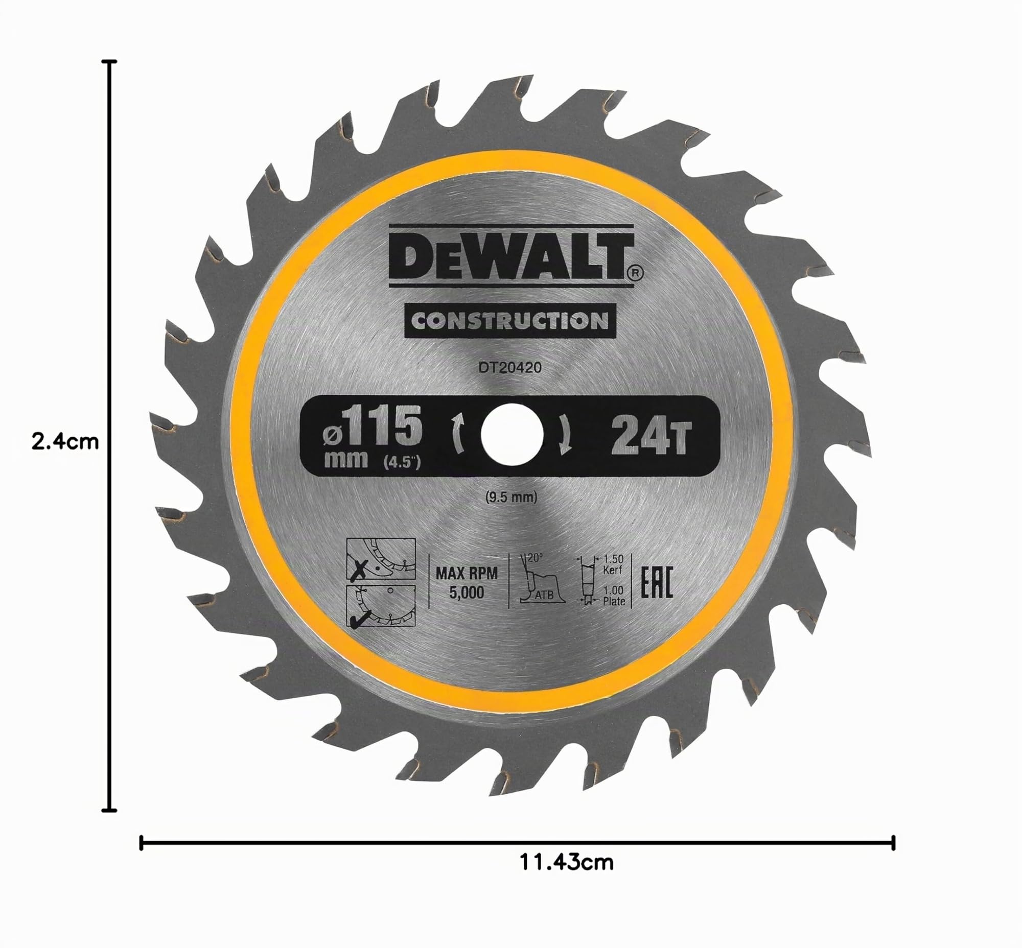 DEWALT DT20420-QZ - Hoja de sierra circular para construcción 115/9,5mm 24WZ, Ángulo de dentado 20°, Ancho de corte 1,5mm, Para uso universal, Con Nail Tough para serrar madera con clavos