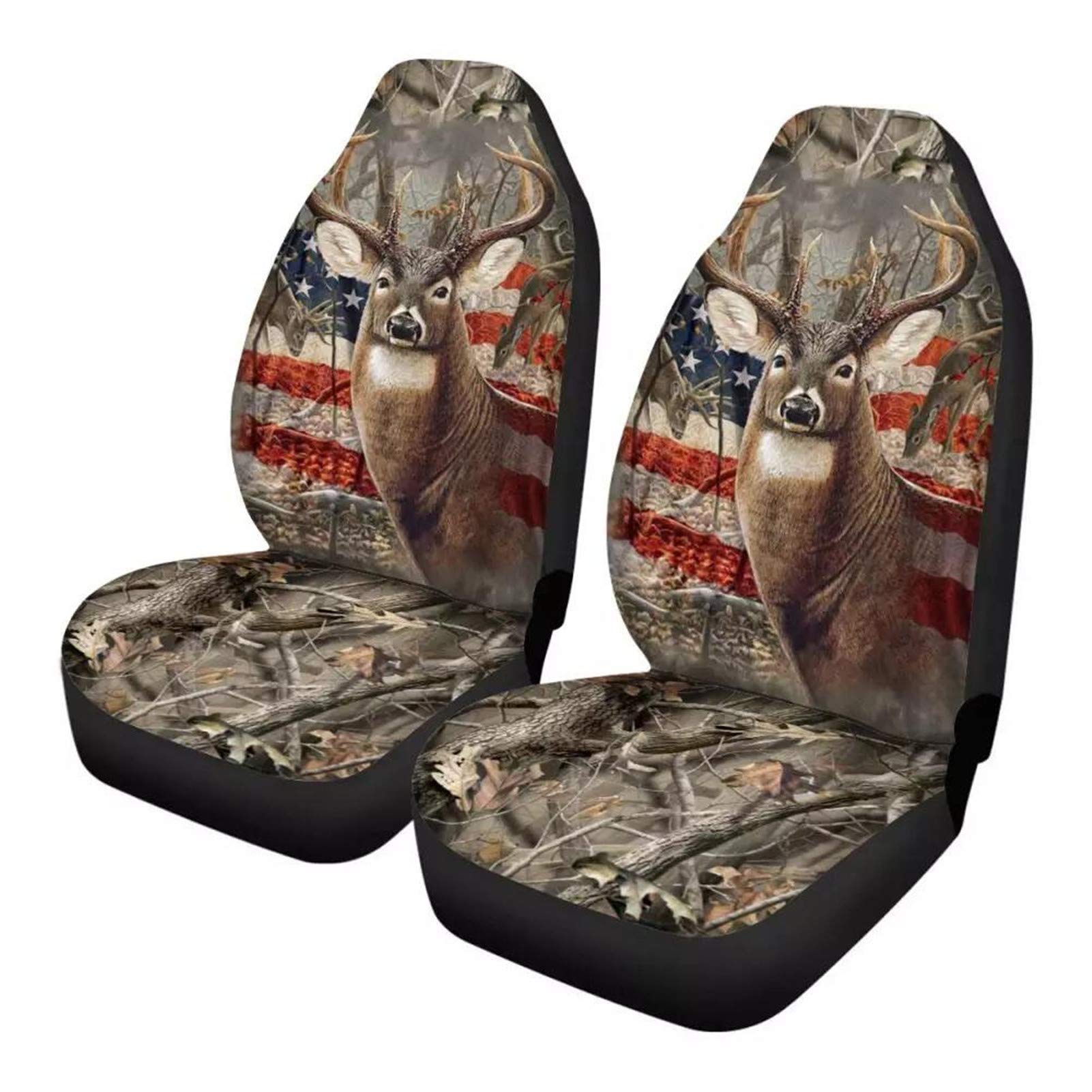 ELEQIN All Protective Front Seat Covers for Women Men Wood Deer Skull American Flag Design Auto Cars -Sedan Truck SUV Universal Fit,Pack of 2