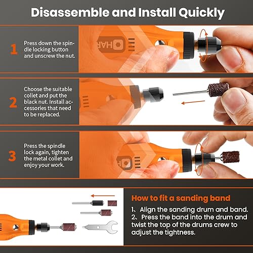 Miniatura 35 de HARDELL - Mini kit de herramienta rotatoria inalámbrica multiusos con 5 velocidades, carga USB y 61 accesorios, herramienta de 3.7 V para lijar