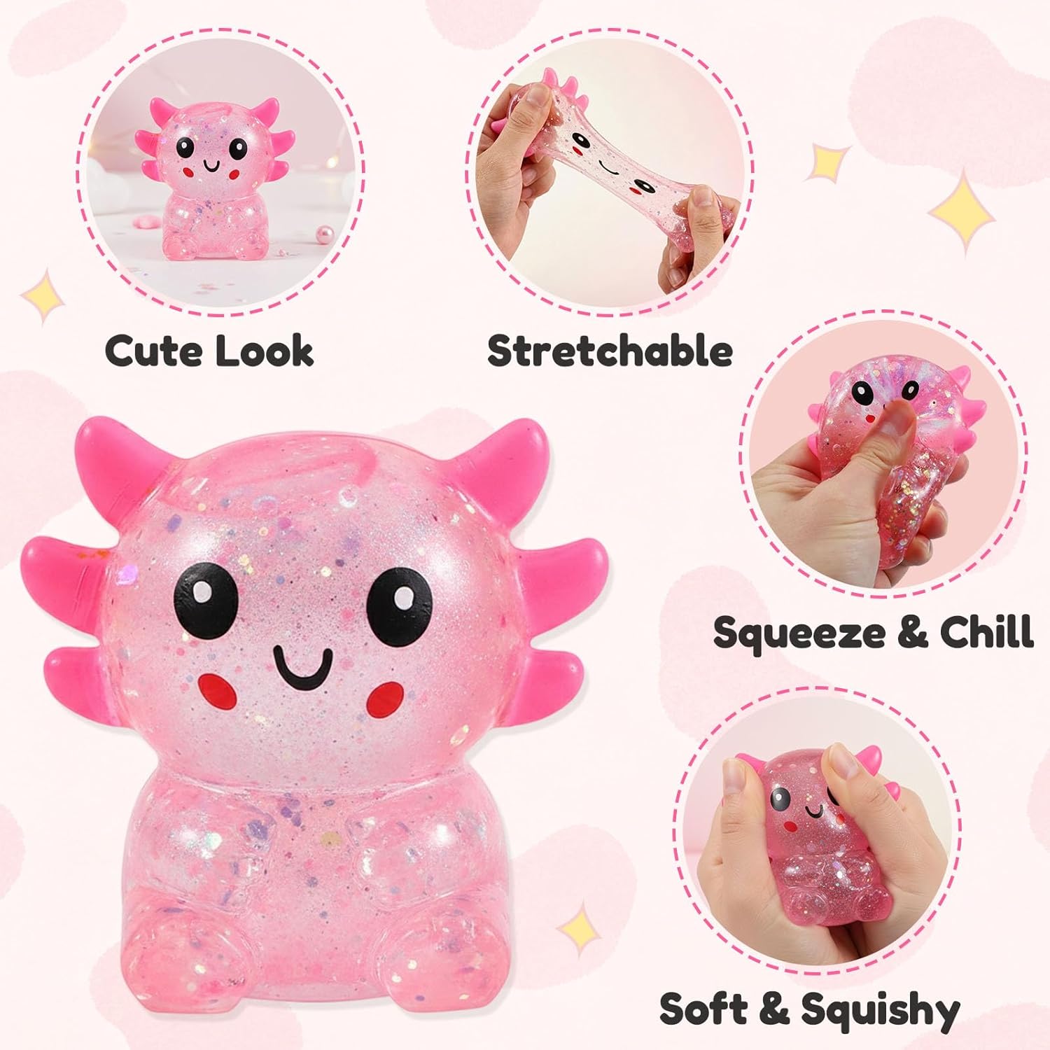 Glitter Axolotls Squishies Toy, Stretchy Axolotls Stress Ball, Fidget Toy for Anxiety Relief and Sensory Play, Pocket Size Squeeze Toys Gift for Kids Teens Adults.(Pink)