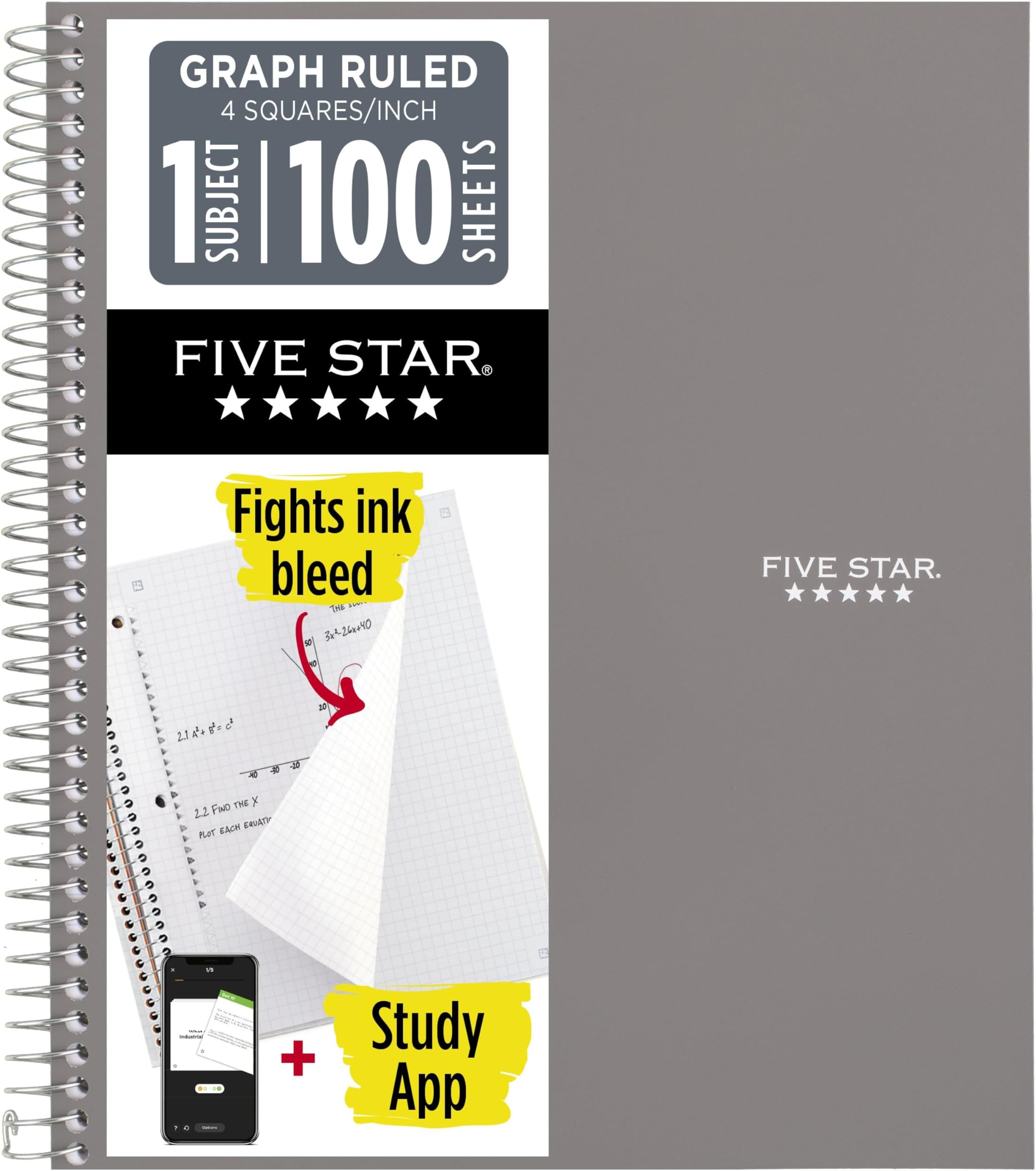 Five Star Spiral Notebook + Study App, 1 Subject, Graph Ruled Paper, 8-1/2" x 11", 100 Sheets, Fights Ink Bleed, Water Resistant Cover, Gray (620000AA3)