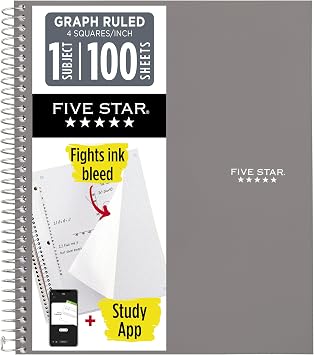 Five Star Spiral Notebook, 1-Subject, Graph Ruled Paper, 11" x 8-1/2", 100 Sheets, Gray 620000AA3