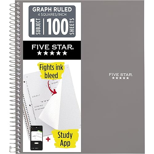 Five Star Spiral Notebook + Study App, 1 Subject, Graph Ruled Paper, 8-1/2" x 11", 100 Sheets, Fights Ink Bleed, Water Resistant Cover, Gray (620000AA3)