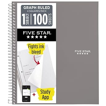Five Star Spiral Notebook + Study App, 1 Subject, Graph Ruled Paper, 8-1/2" x 11", 100 Sheets, Fights Ink Bleed, Water Resistant Cover, Gray 620000AA3