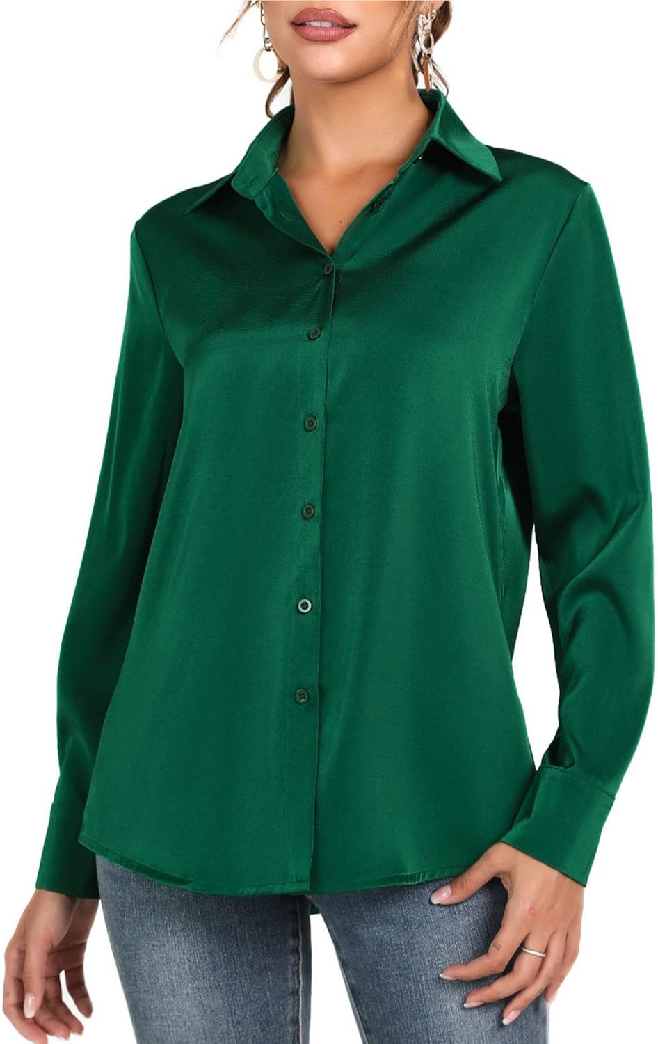 LUSMAY Women's Silky Satin Blouses Elegant Long Sleeve Button Down Collared Office Work Shirts Tops - Image 2