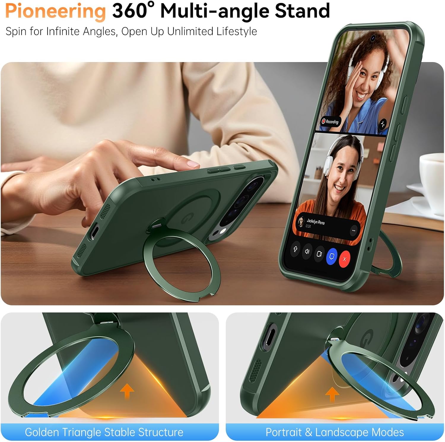 360 Spin Magnetic Stand for Google Pixel 10 Pro XL Case, Fit for Magsafe, 4X Mil-Grade Protection, Anti-Fingerprint, Non-Slip Shockproof Slim for Pixel 10 Pro XL Phone Case with Kickstand, Green
