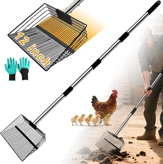 Chicken Poop Scooper, 12" Chicken Coop Scooper for Sand with 2 Slot Widths, Large Chicken Coop Litter Scoop Sifting Shovel with 23 to 66" Adjustable Handle, Heavy Duty Chicken Coop Accessories