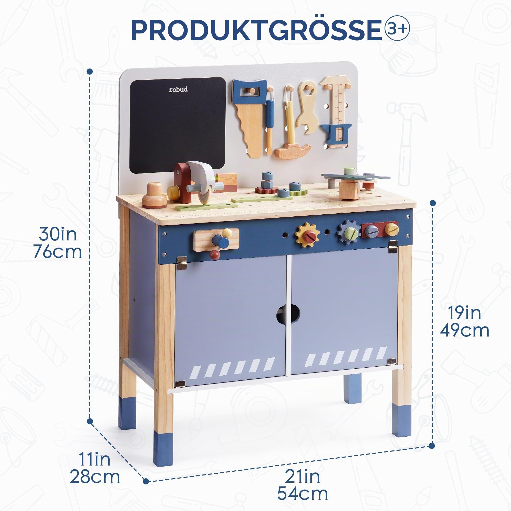 ROBUD Holzspielzeug Werkbank, Großes Kinder Holz Spielwerkzeug, Pretend Play Creative Building Set, Construction Workshop Tool Bench Toys, Geschenk für Mädchen Jungen 3+