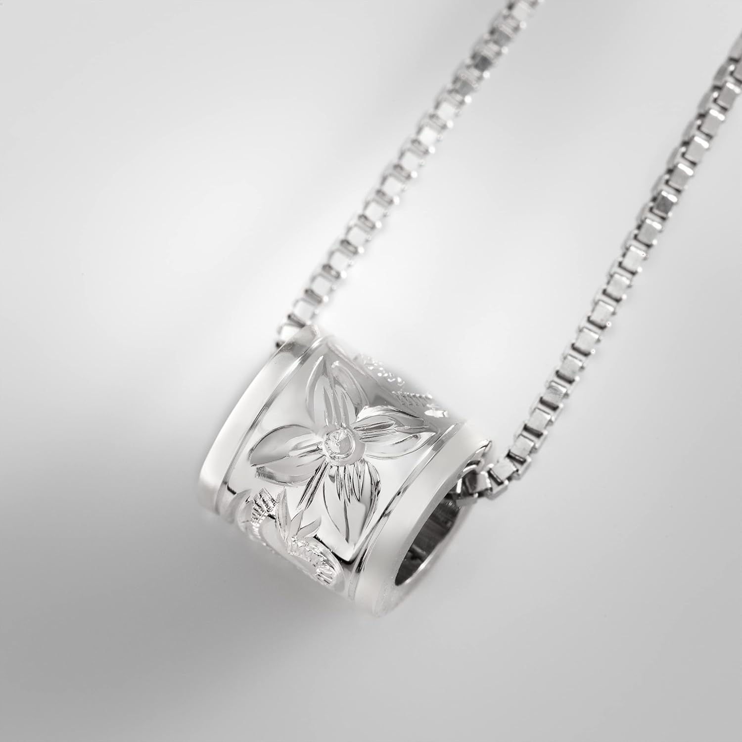 Sterling Silver Plumeria Flower Princess Scroll Barrel Necklace Pendant with 18" Box Chain