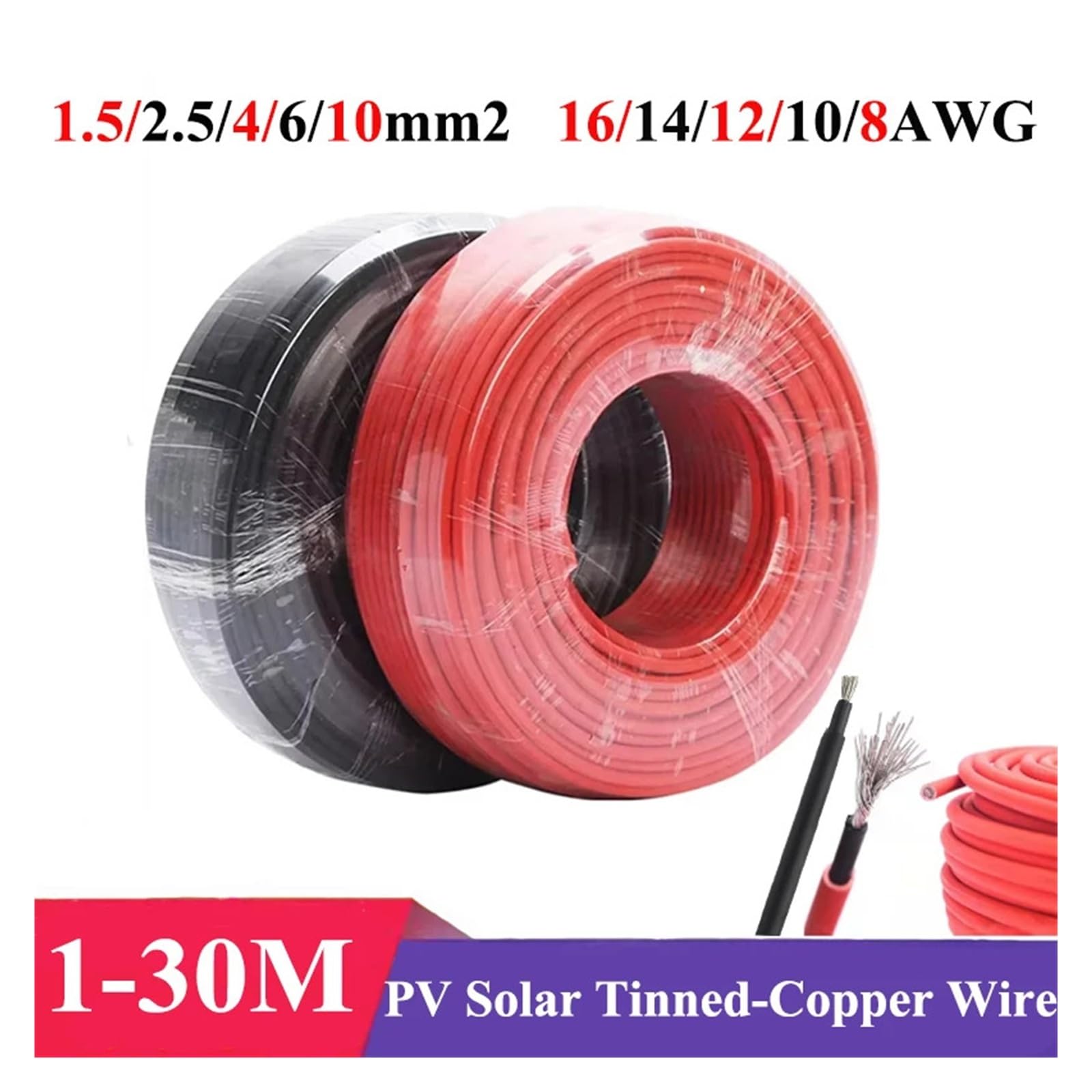 Solar-Kabel Photovoltaik-Kabelverlängerung, Solar-Photovoltaikkabel, verzinnter Kupferdraht, for den Außenbereich, schwarz, 8–16 AWG, 1,5–10 mm², 1–30 Meter(10 Awg-6mm2,30m 98.4ft)
