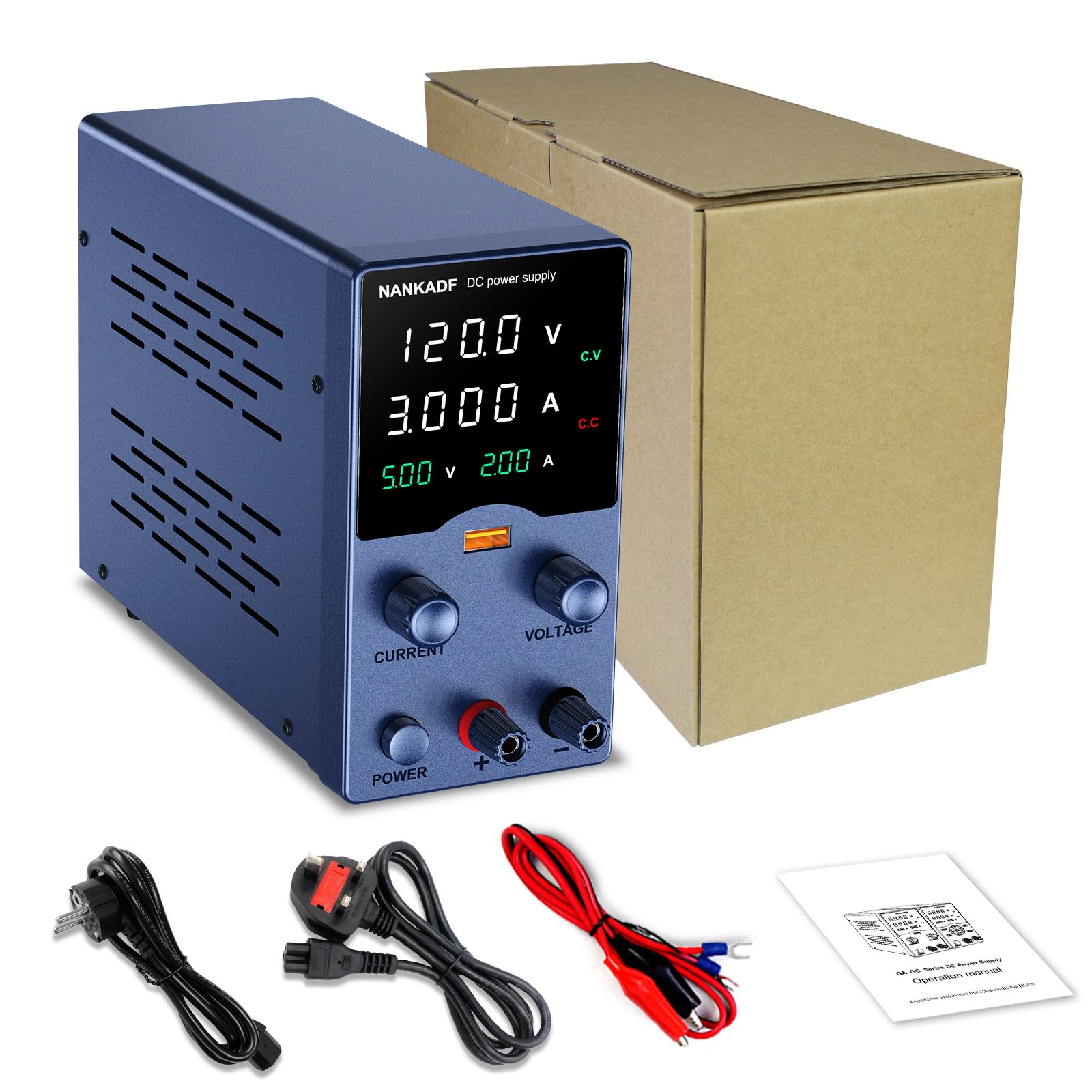 Labornetzteil, DC-Netzteil, Labornetzgerät mit Drehknopfverstellung, einstellbares Schaltnetzteil mit 5V 3,6A USB-Schnellladefunktion (120V 3A)